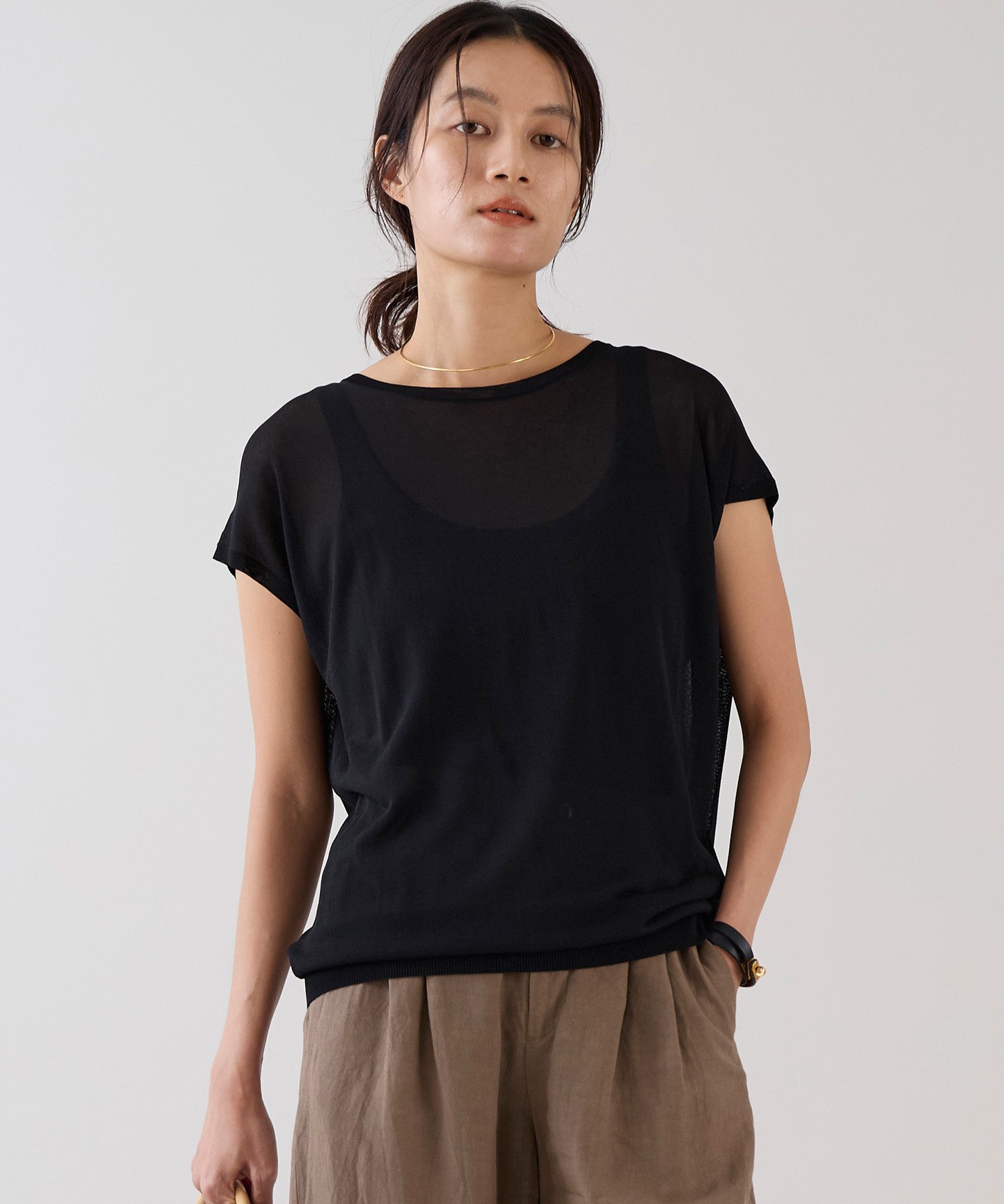 marmors 【marmors】接触冷感-バックタックフレンチスリーブニット＜アンサンブル対応＞ マイカアンドディール トップス カットソー・Tシャツ ブラウン イエロー ベージュ ブラック