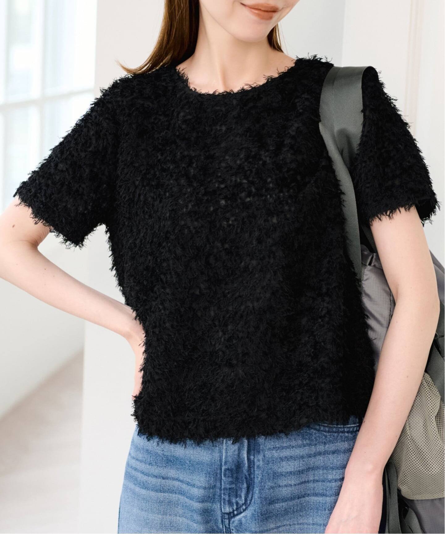 U by SPICK&SPAN フェザーシアーハーフスリーブブラウス ユーバイスピックアンドスパン トップス シャツ・ブラウス ブラック ベージュ