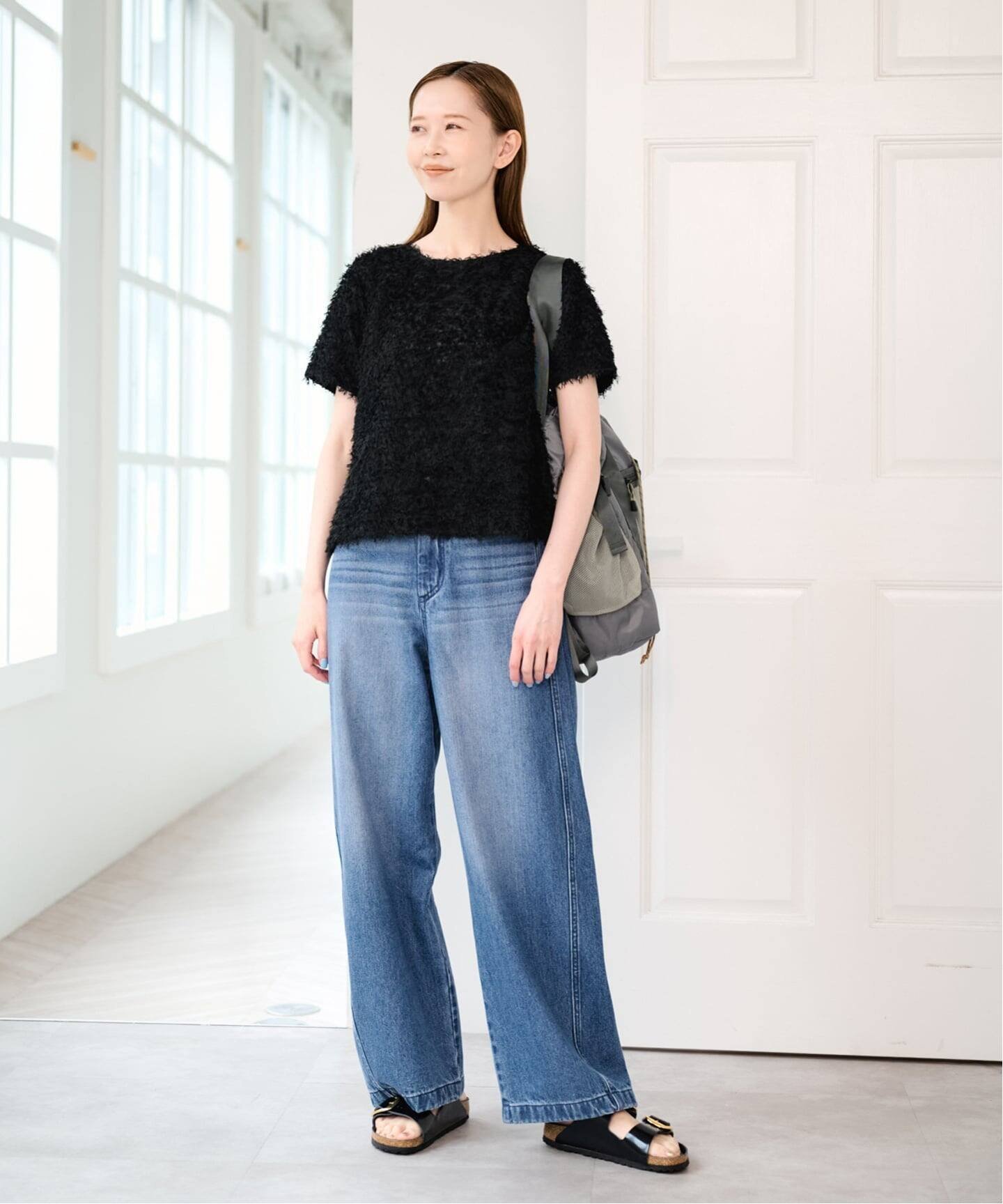 U by SPICK&SPAN フェザーシアーハーフスリーブブラウス ユーバイスピックアンドスパン トップス シャツ・ブラウス ブラック ベージュ