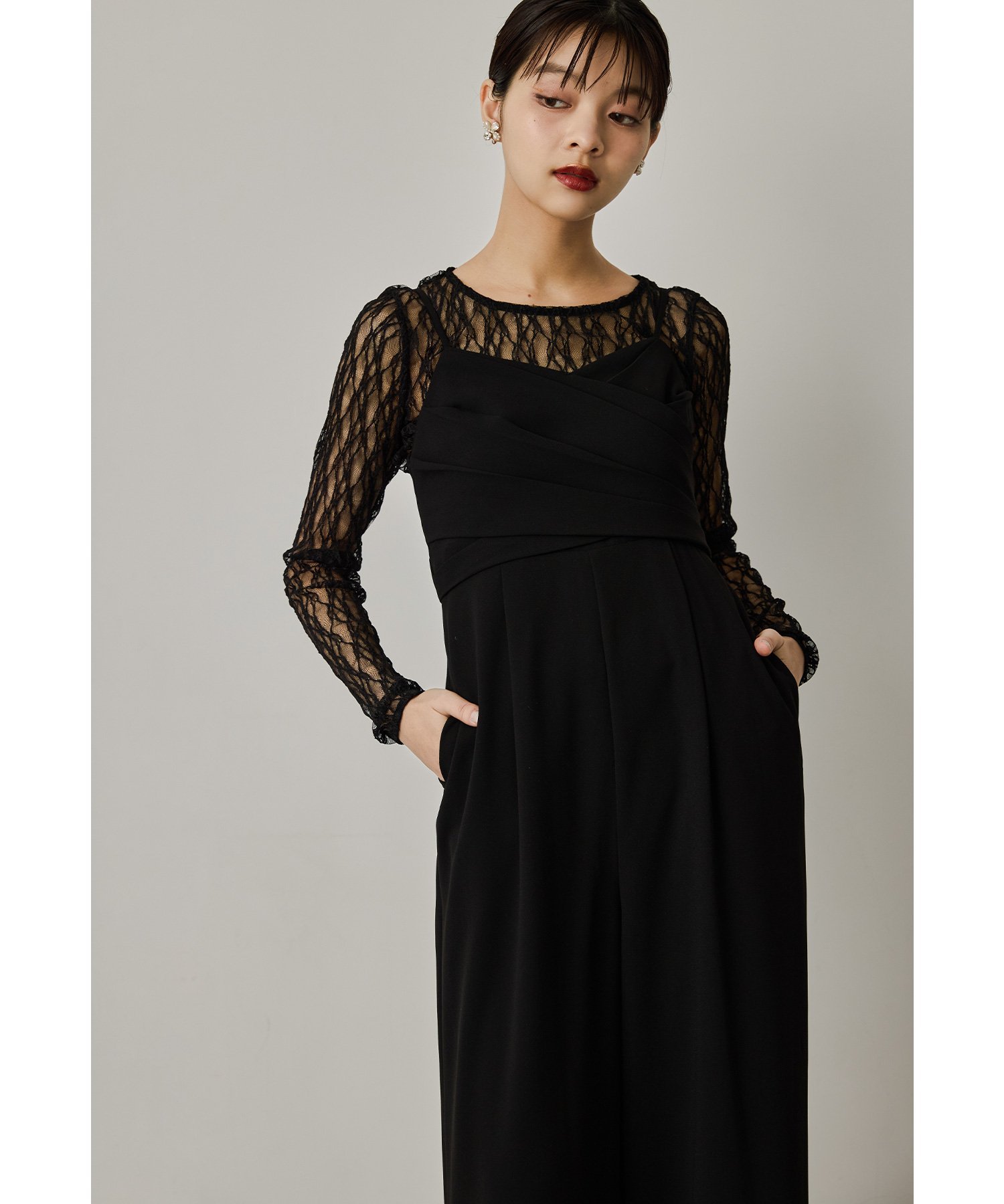 niana クロスオールインワンドレス 2点セット ワイドパンツ パンツドレス レースブラウス ビーフラット ワンピース・ドレス ドレス ベージュ ブラック【送料無料】