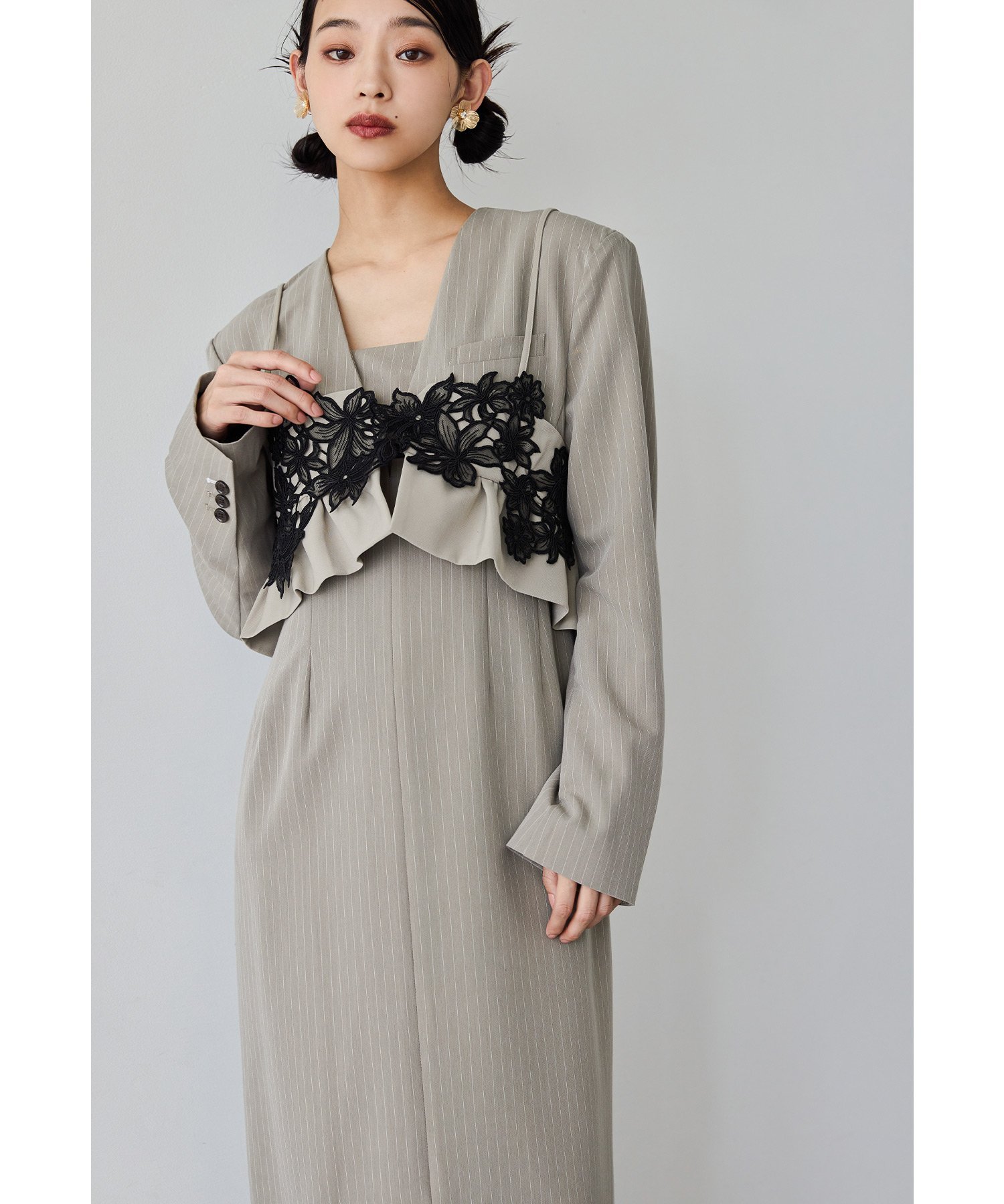 niana ピンストライプテーラードビスチェドレス 2点セット パーティードレス ビーフラット ワンピース・ドレス ドレス ブラック ベージュ グレー【送料無料】のサムネイル