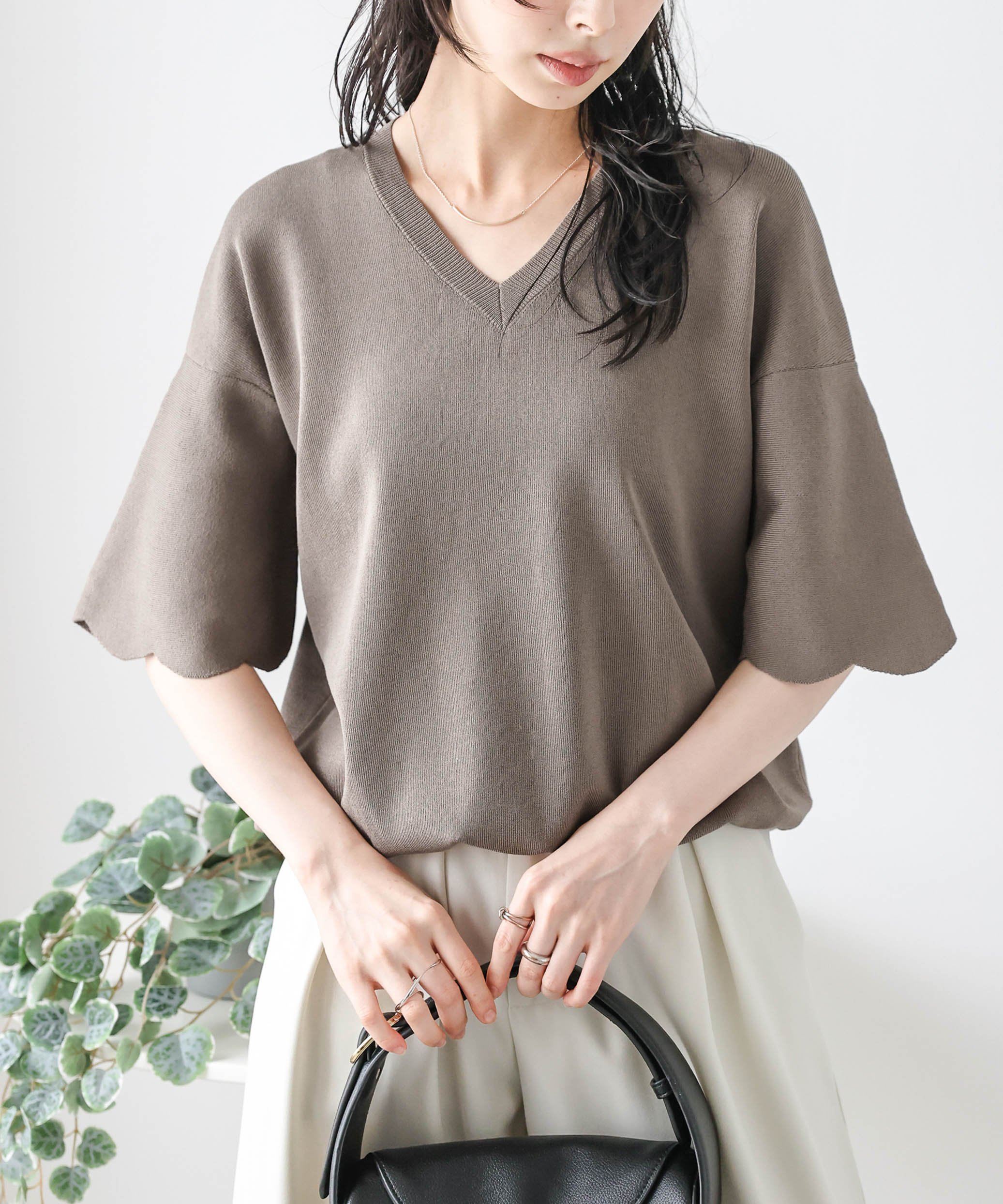 La-gemme スカラップ袖サマーニット ラジュール トップス ニット ブラウン ベージュ グレー