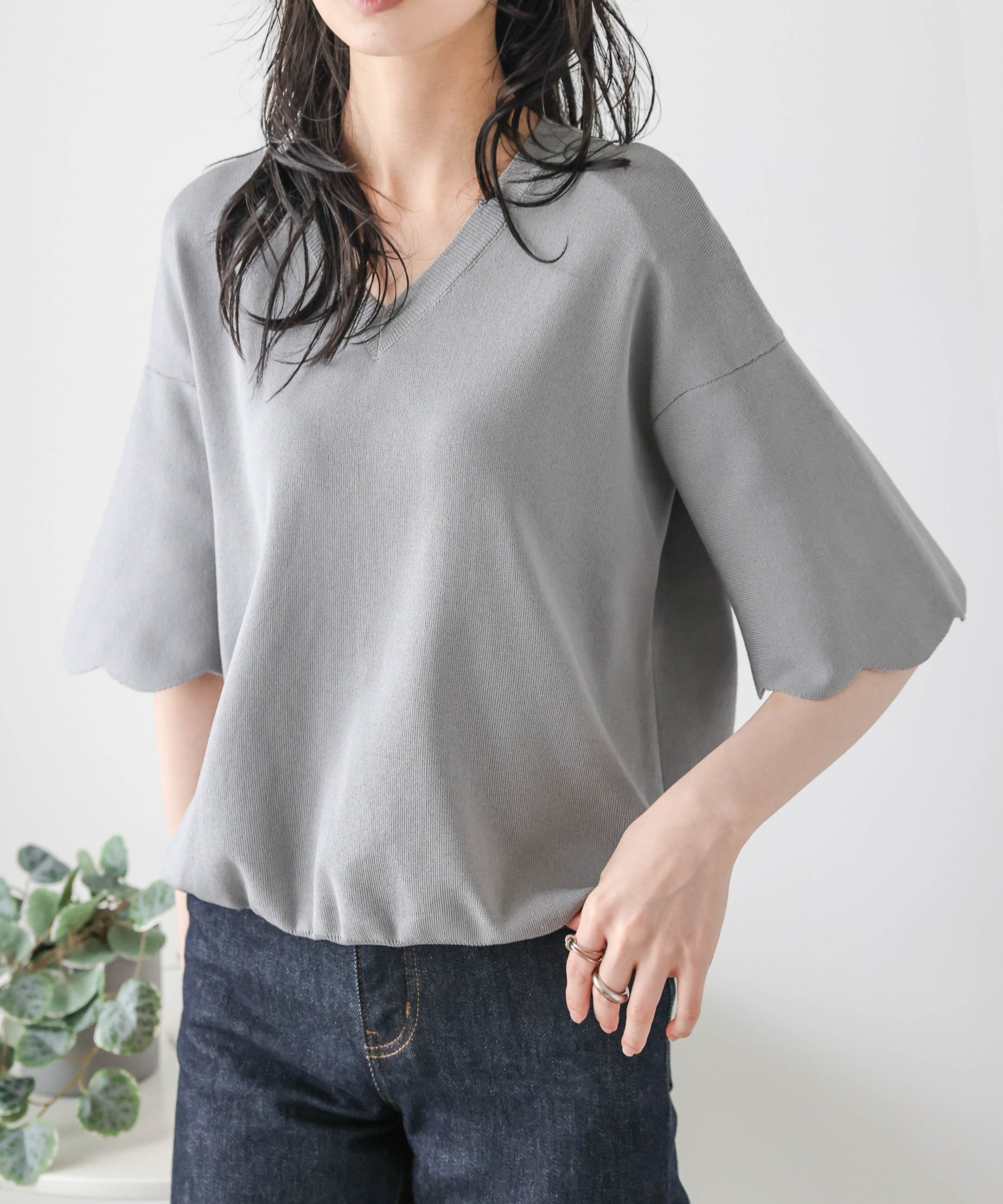 La-gemme スカラップ袖サマーニット ラジュール トップス ニット ブラウン ベージュ グレー