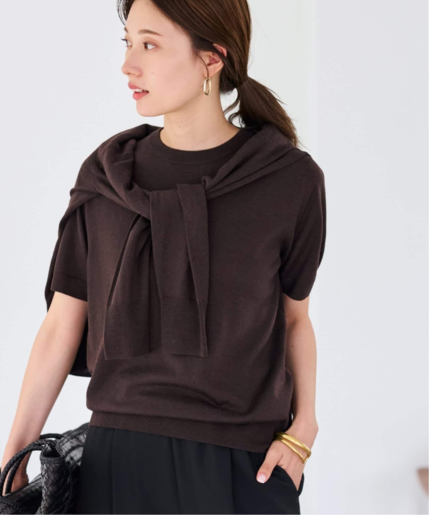 FRAMeWORK イタリアヤーン basicハーフスリーブプルオーバー フレームワーク トップス ニット ブラウン..