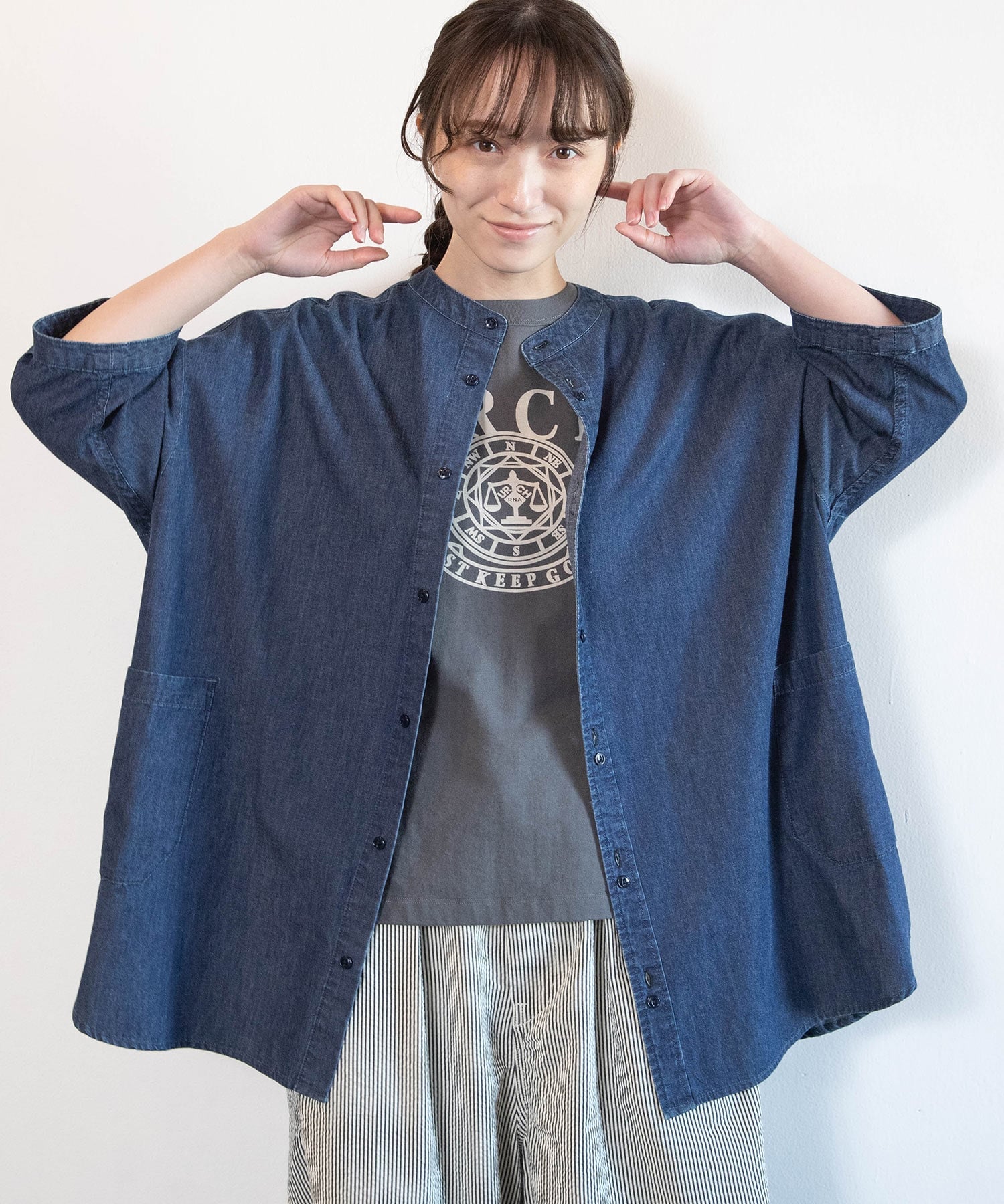 URCH RNA B2936 アトリエチュニックハーフスリーブデニムシャツ アールエヌエーエヌ トップス シャツ・ブラウス