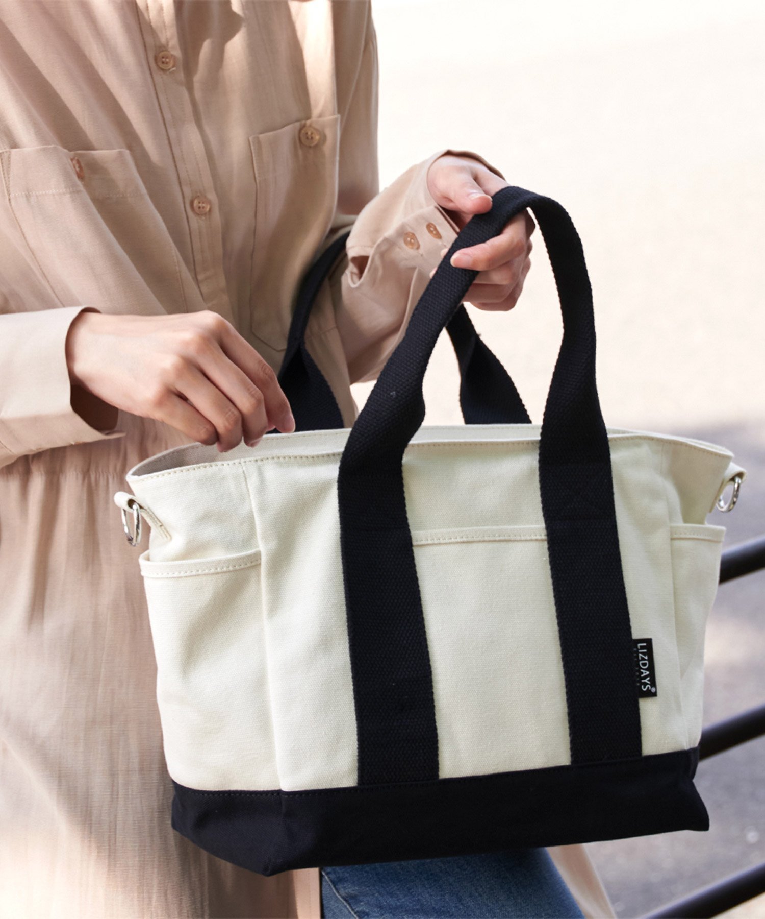 LIZDAYS トートバッグ レディース ファスナー付き キャンバス 2WAY スタイルオンプレミアム バッグ トートバッグ ブラック ホワイト ピンク ベージュ