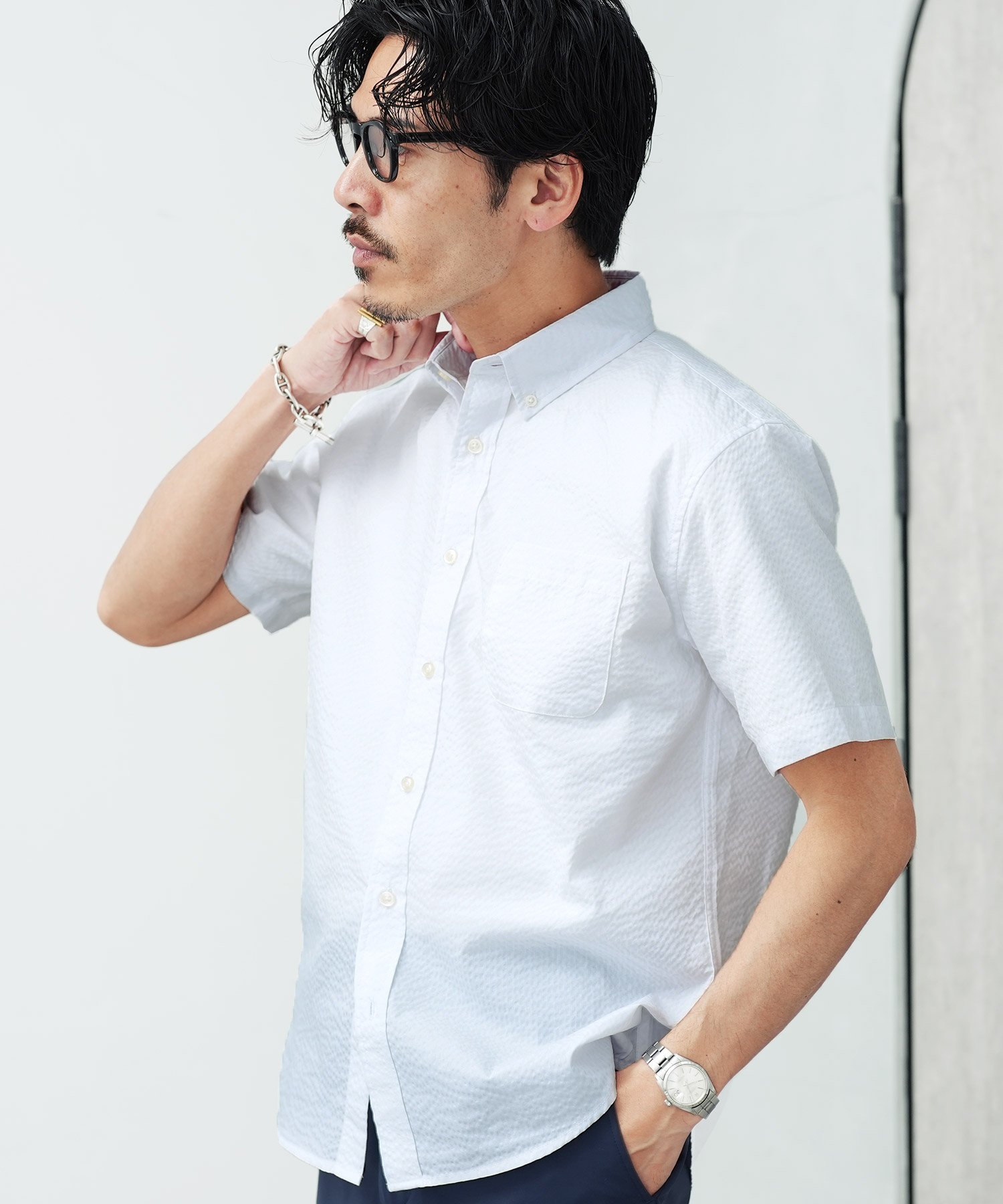 JIGGYS SHOP SELECT シアサッカー ボタンダウン シャツ 半袖 チェック ストライプ 無地 26SS ジギーズショップ トップス シャツ ブラウス ネイビー ホワイト ブルー