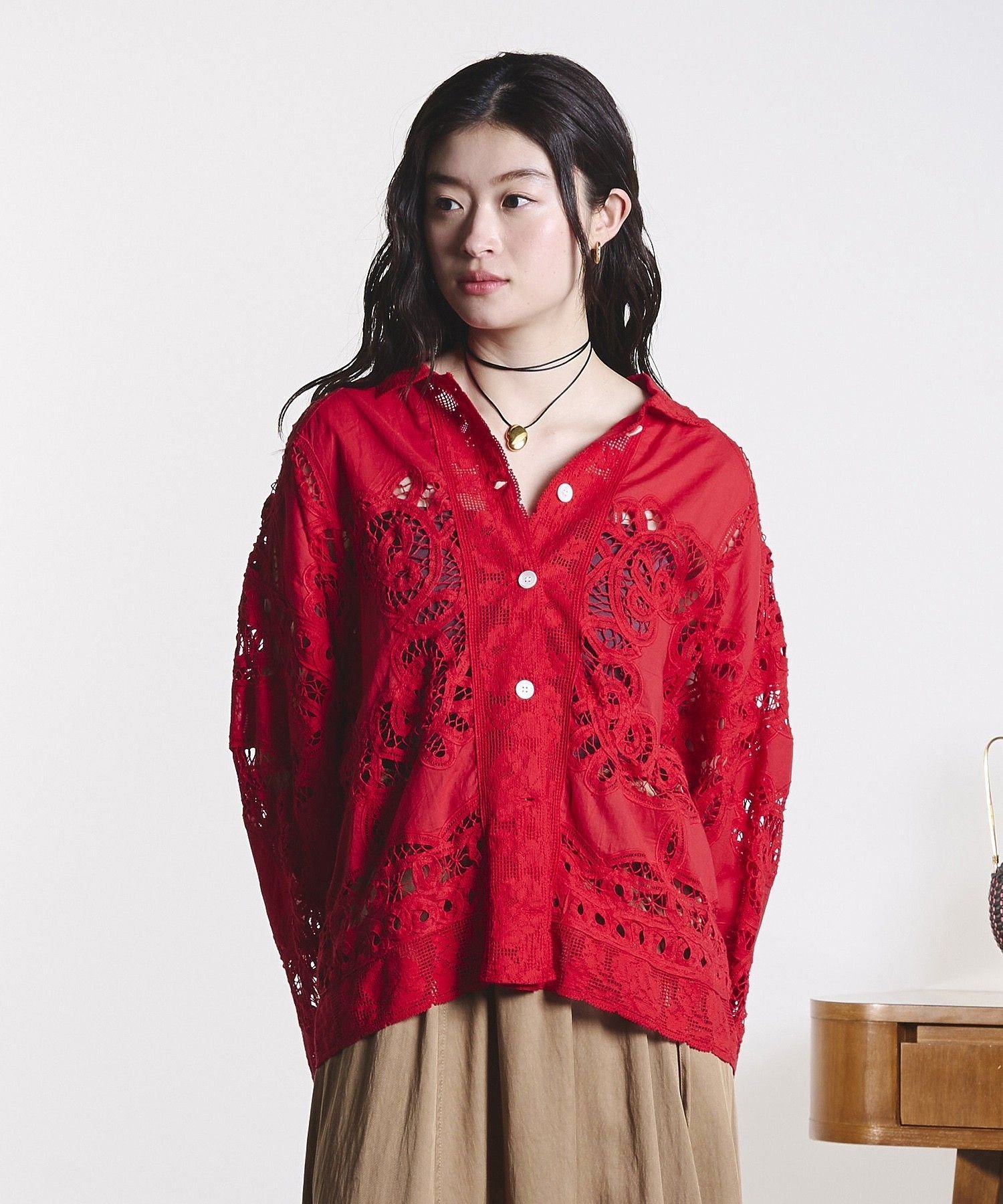 ROSE BUD mag.byc/BATTEN LACE SHIRT ローズバッド トップス シャツ・ブラウス レッド ホワイト