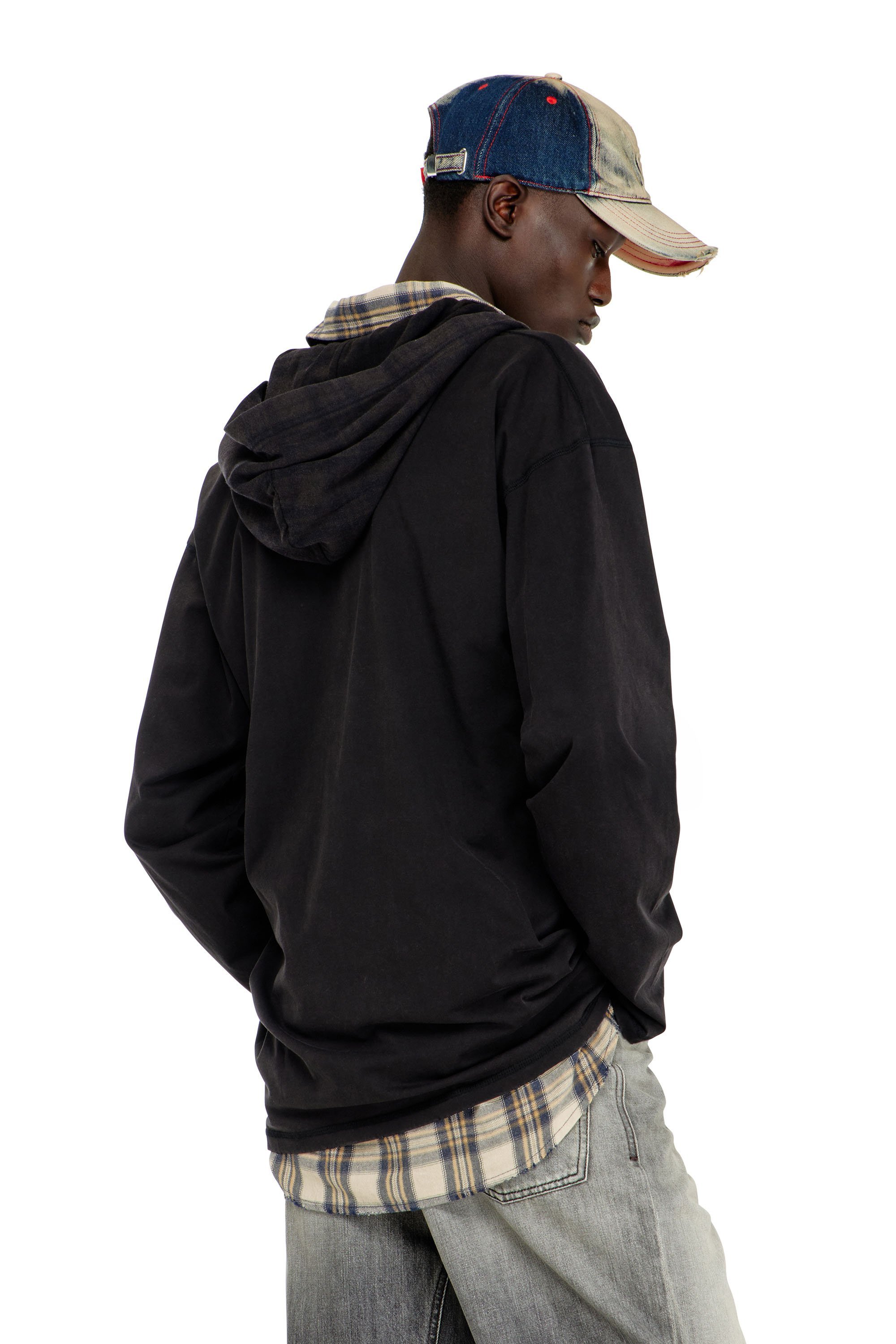 メンズ フード付き長袖Tシャツ T-BOXT-LS-HOOD-CHECK ディーゼル トップス カットソー・Tシャツ ブラック