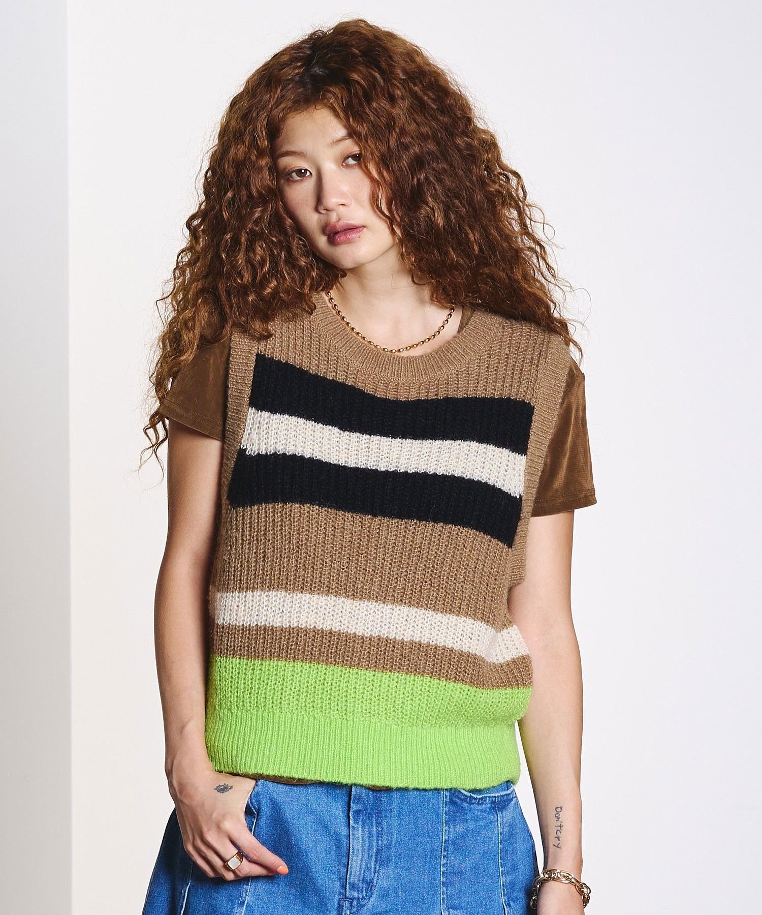 ROSE BUD COLOR BLOCK KNIT VEST ローズバッド トップス ニット ブラウン ベージュ