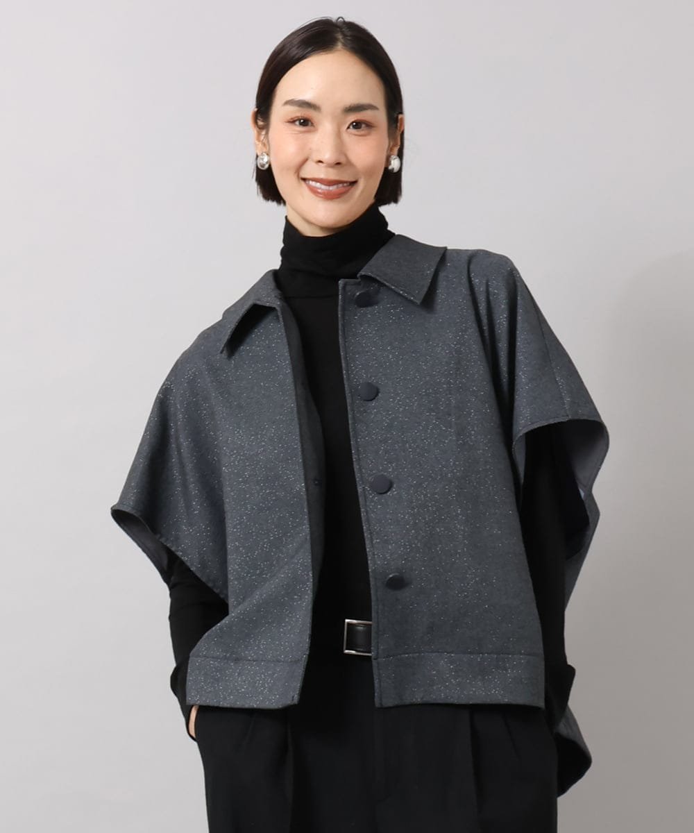 MICHEL KLEIN ラメデニムライクケープジャケット ミッシェルクラン ジャケット・アウター ステンカラーコート ネイビー