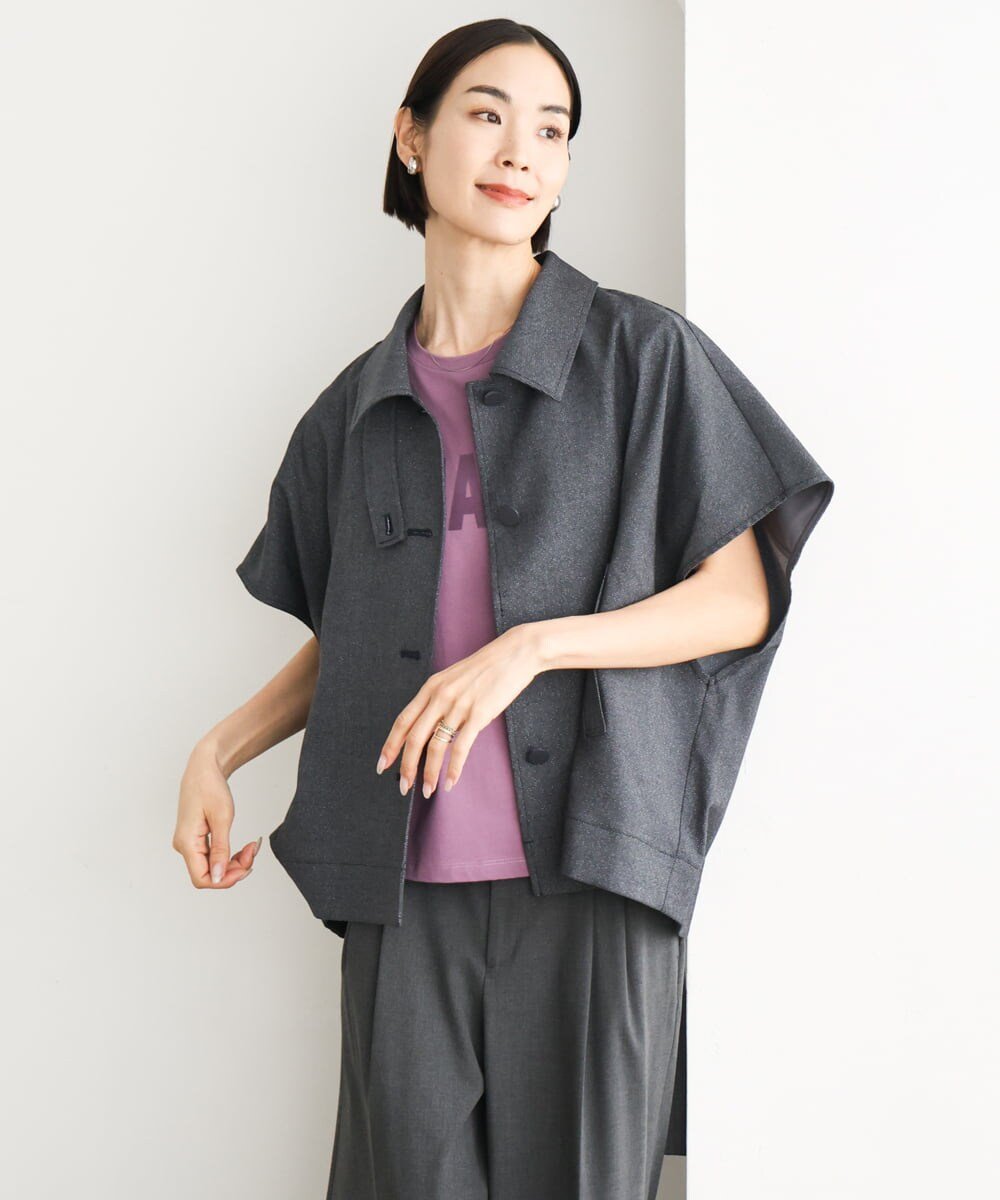 MICHEL KLEIN ラメデニムライクケープジャケット ミッシェルクラン ジャケット・アウター ステンカラーコート ネイビー