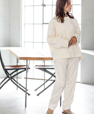fran de lingerie memory fleece メモリーフリースかぶり上下セット(アラン編み・星柄・ボーダー) フランデランジェリー インナー・ルームウェア パジャマ ホワイト ブルー グレー ブラウン オレンジ レッド【送料無料】