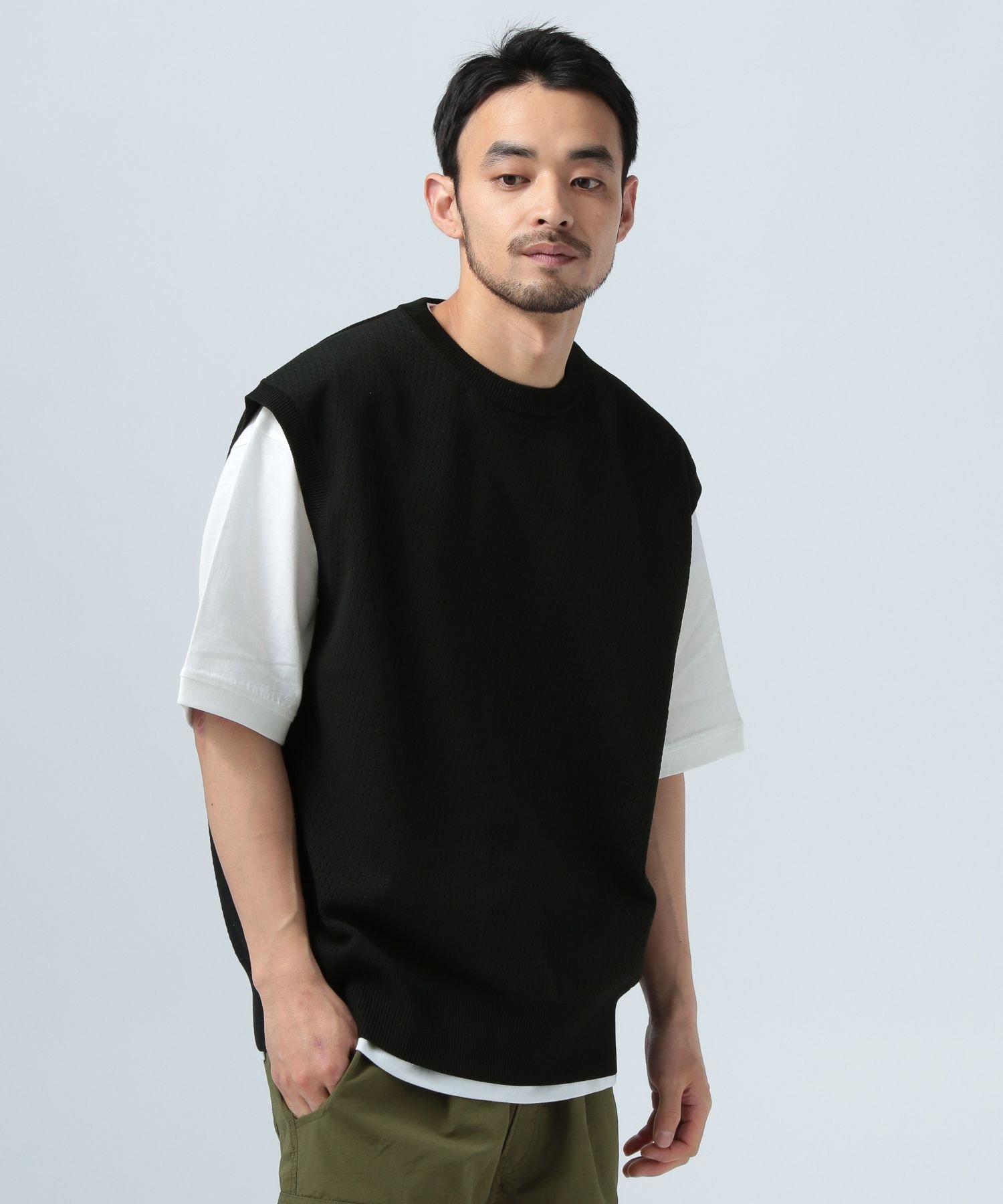 [セットでお得!]ベストレイヤード半袖プルオーバー ベイフロー トップス カットソー・Tシャツ ホワイト ブラック