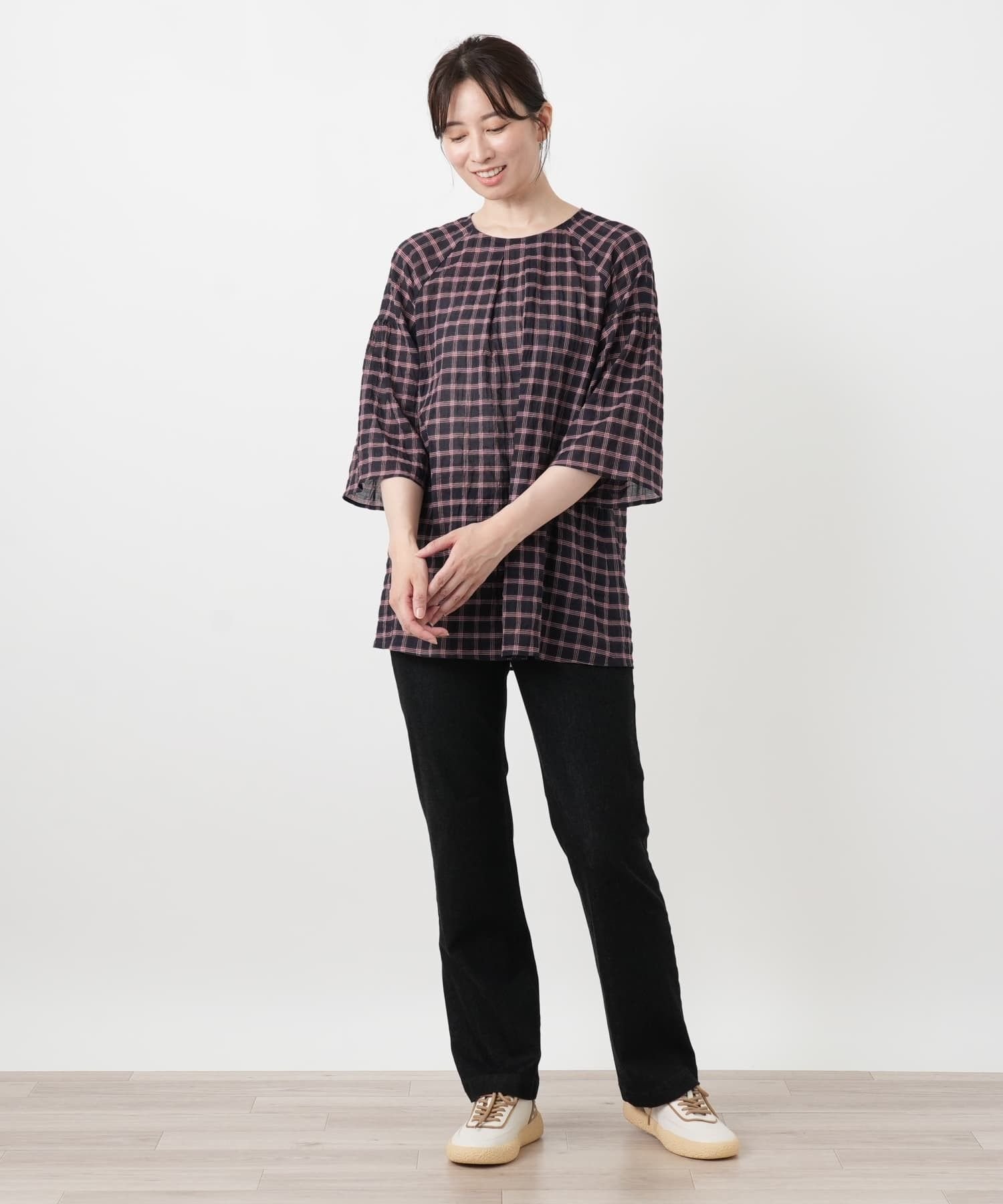 Leilian チェック柄タックブラウス【Leilian WHITE LABEL】 レリアン トップス シャツ・ブラウス ネイビー