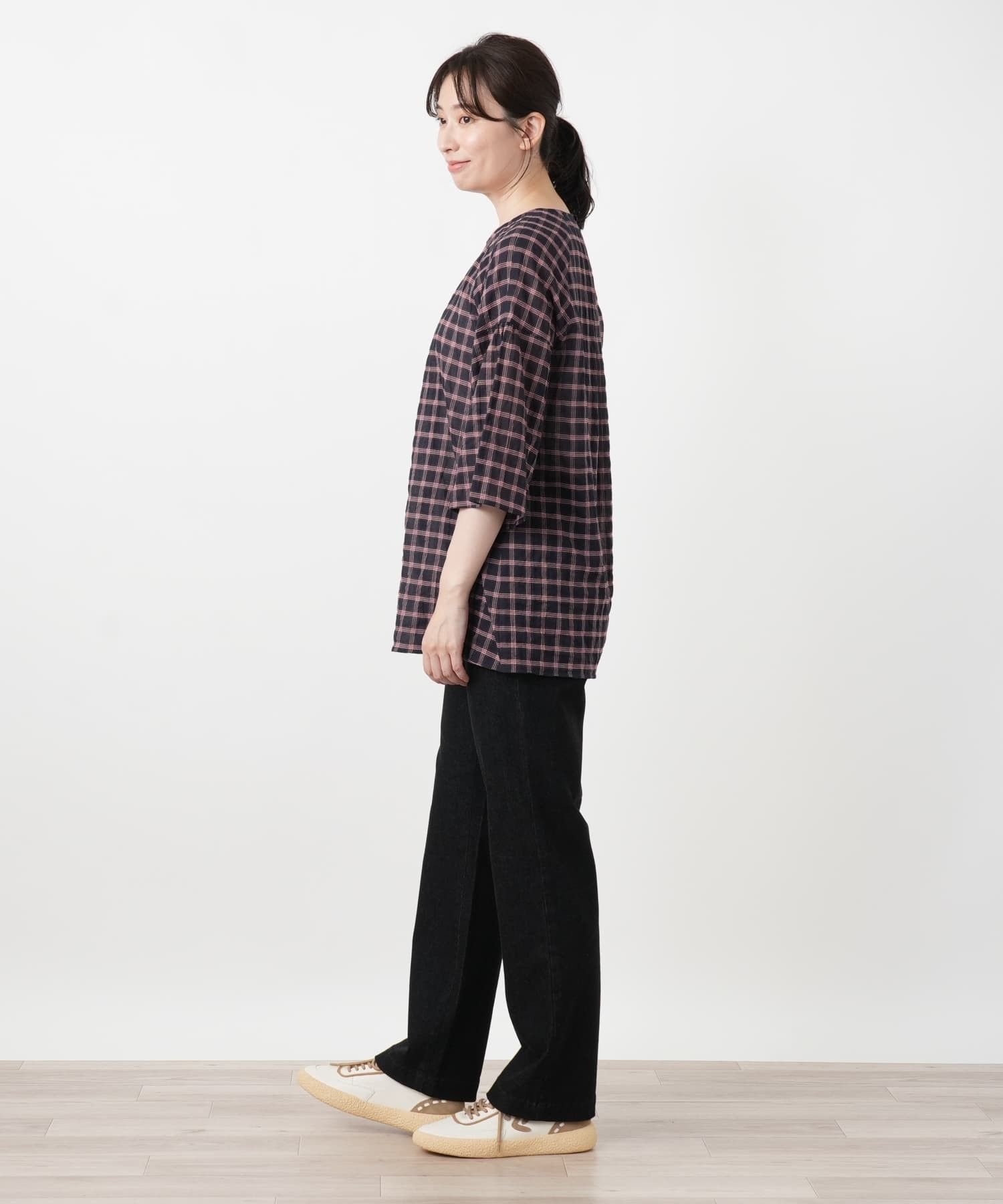 Leilian チェック柄タックブラウス【Leilian WHITE LABEL】 レリアン トップス シャツ・ブラウス ネイビー