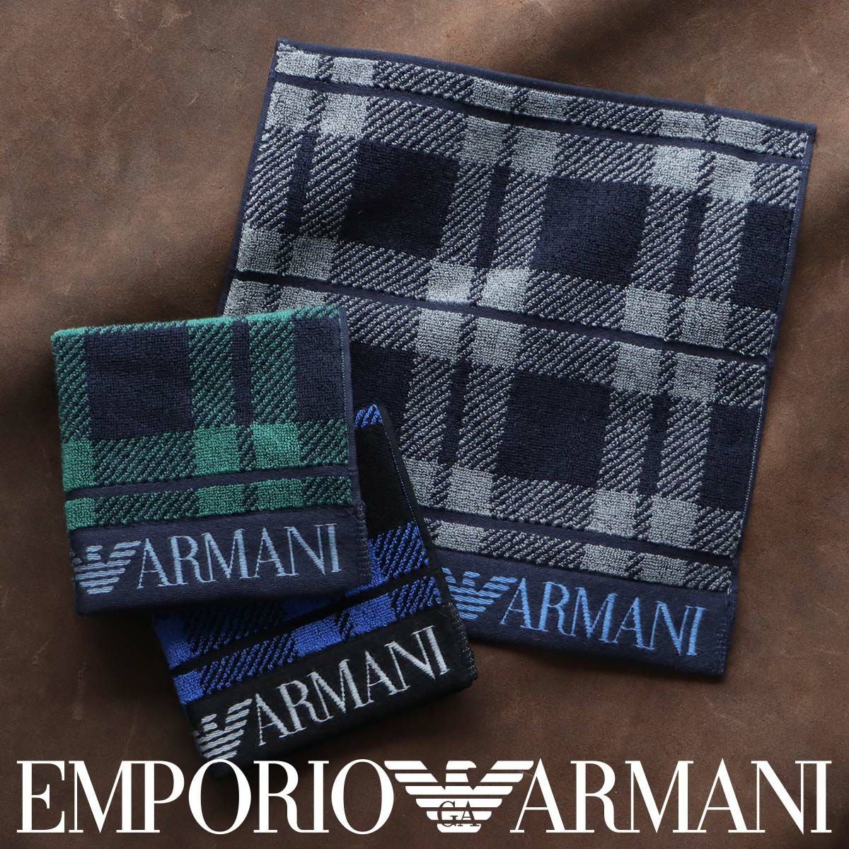 EMPORIO ARMANI EAイーグル チェック柄 綿100% メンズ ミニタオル ナイガイ ファッション雑貨 ハンカチ・ハンドタオル