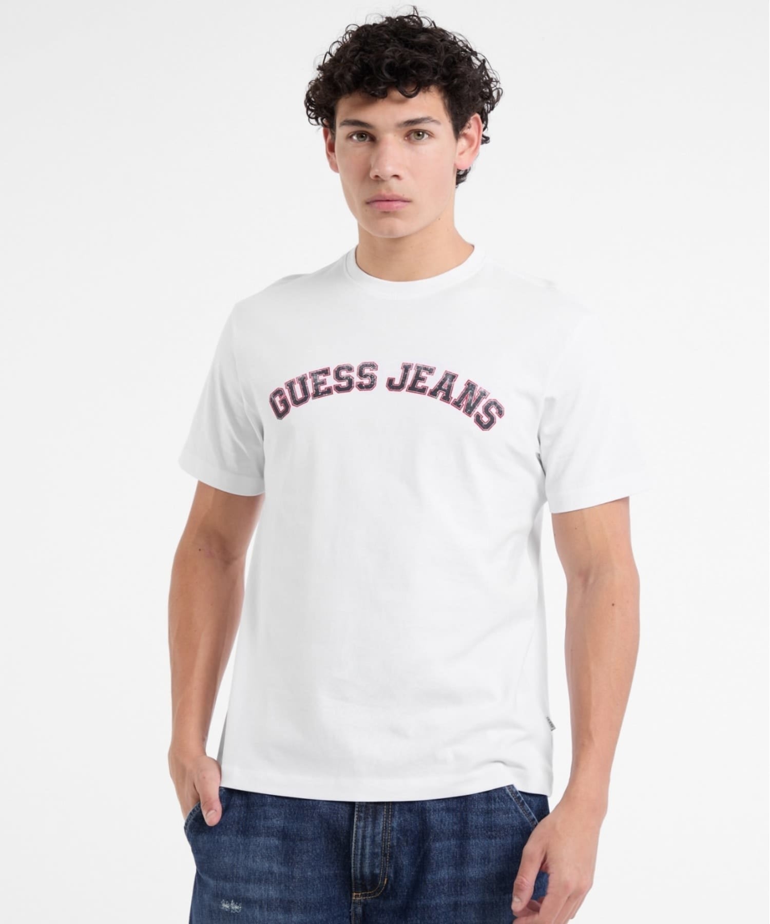 GUESS JEANS 半袖 Tシャツ(M)Crewneck Collegiate Tee ゲス トップス カットソー・Tシャツ グレー ホワイト ネイビー