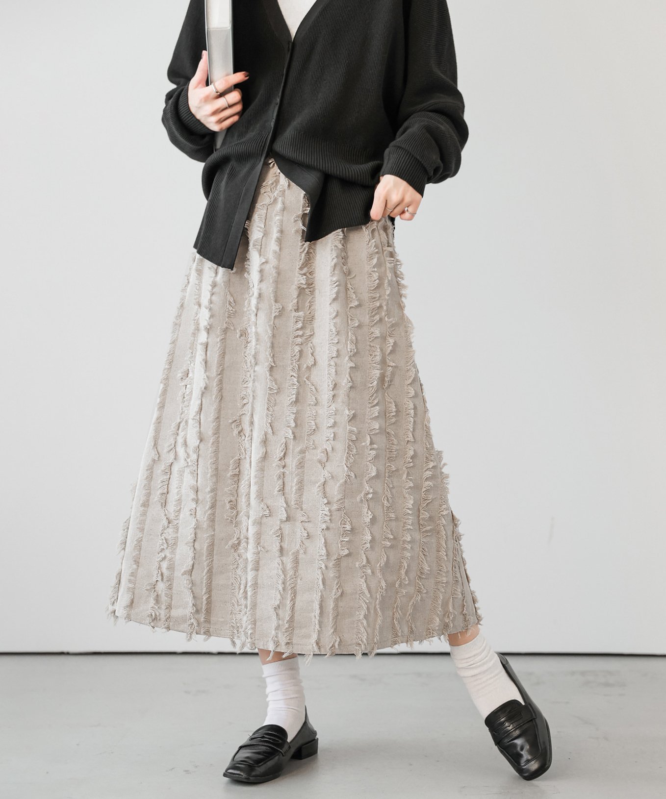 La-gemme フリンジフレアスカート ラジュール スカート ロング・マキシスカート ベージュ