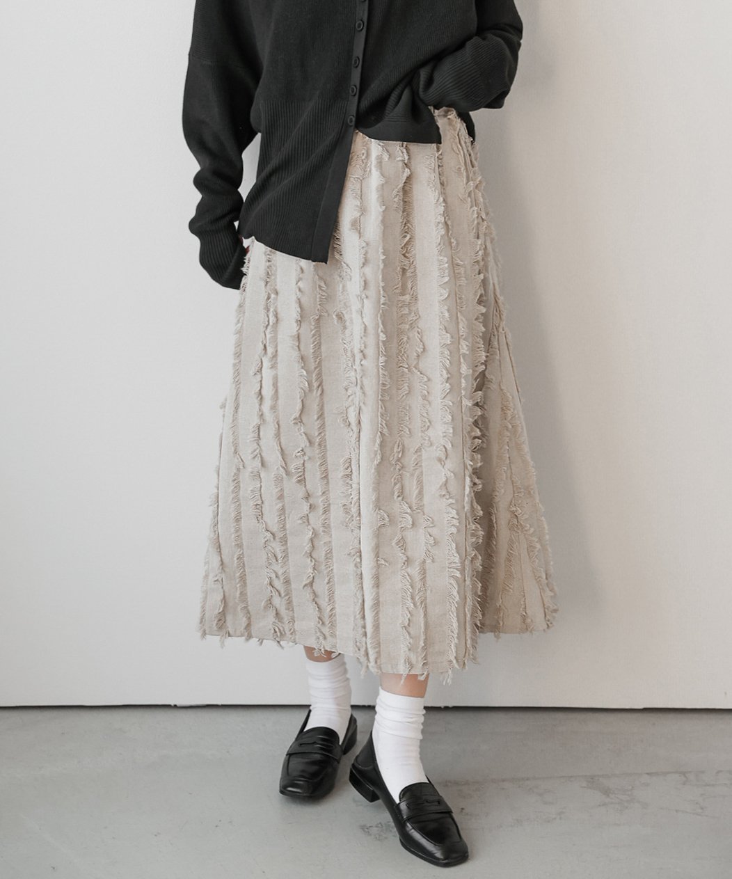 La-gemme フリンジフレアスカート ラジュール スカート ロング・マキシスカート ベージュ