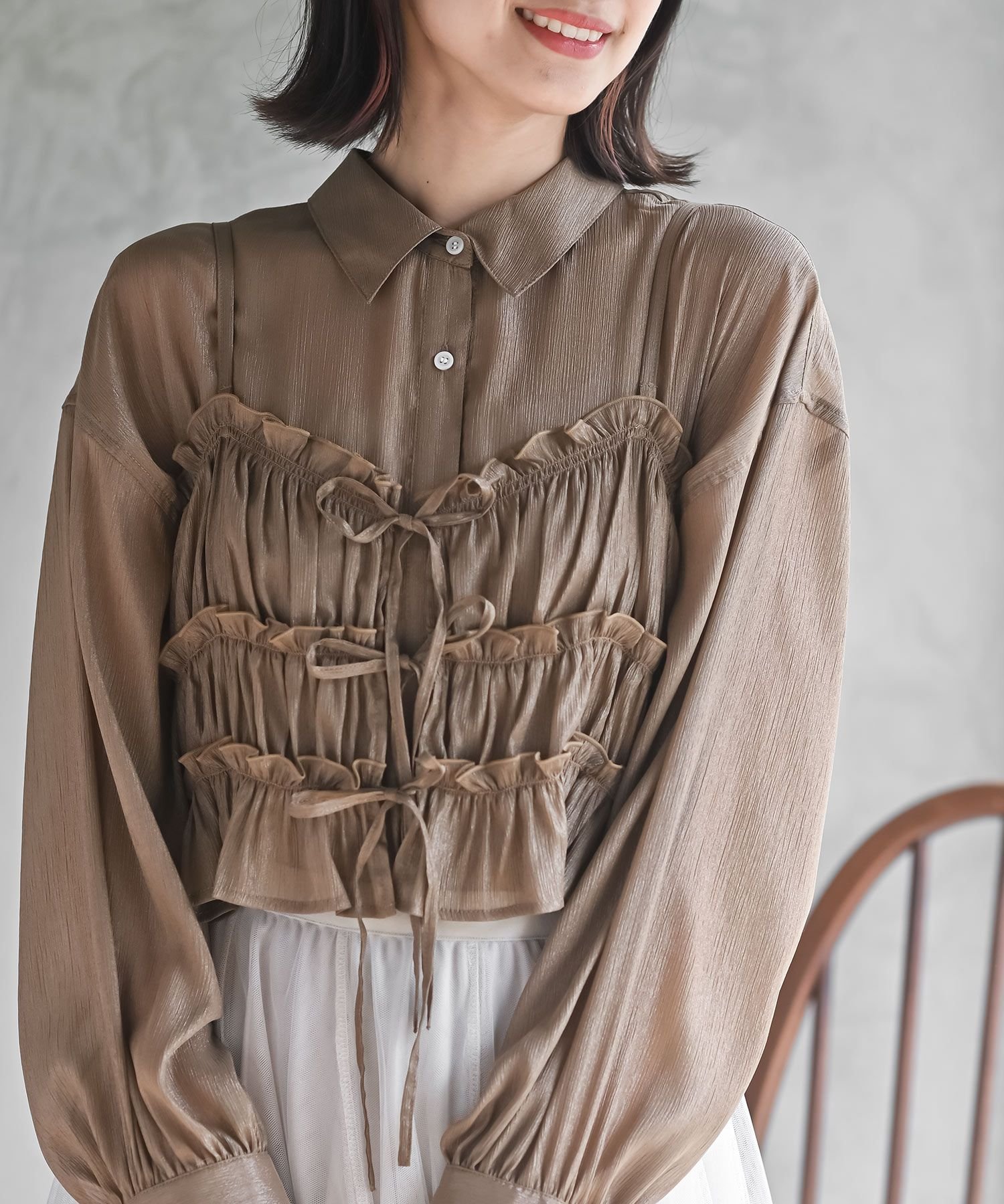 rps ラメ楊柳ビスチェ付きシアーブラウス アールピーエス トップス シャツ・ブラウス ブラウン