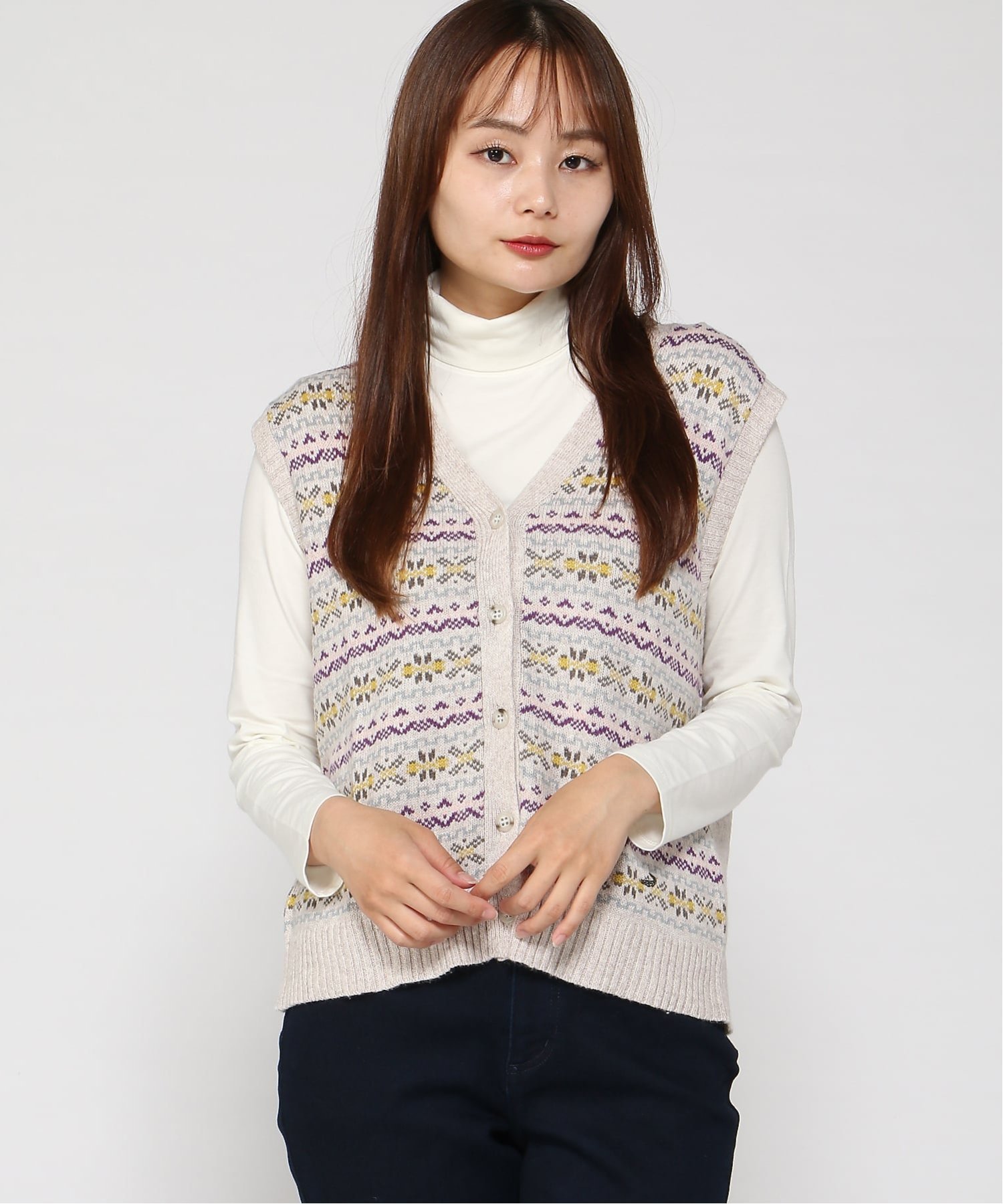 CROCODILE (W)フェアアイル柄 ニット ベスト クロコダイル トップス ベスト・ジレ パープル ベージュ【送料無料】