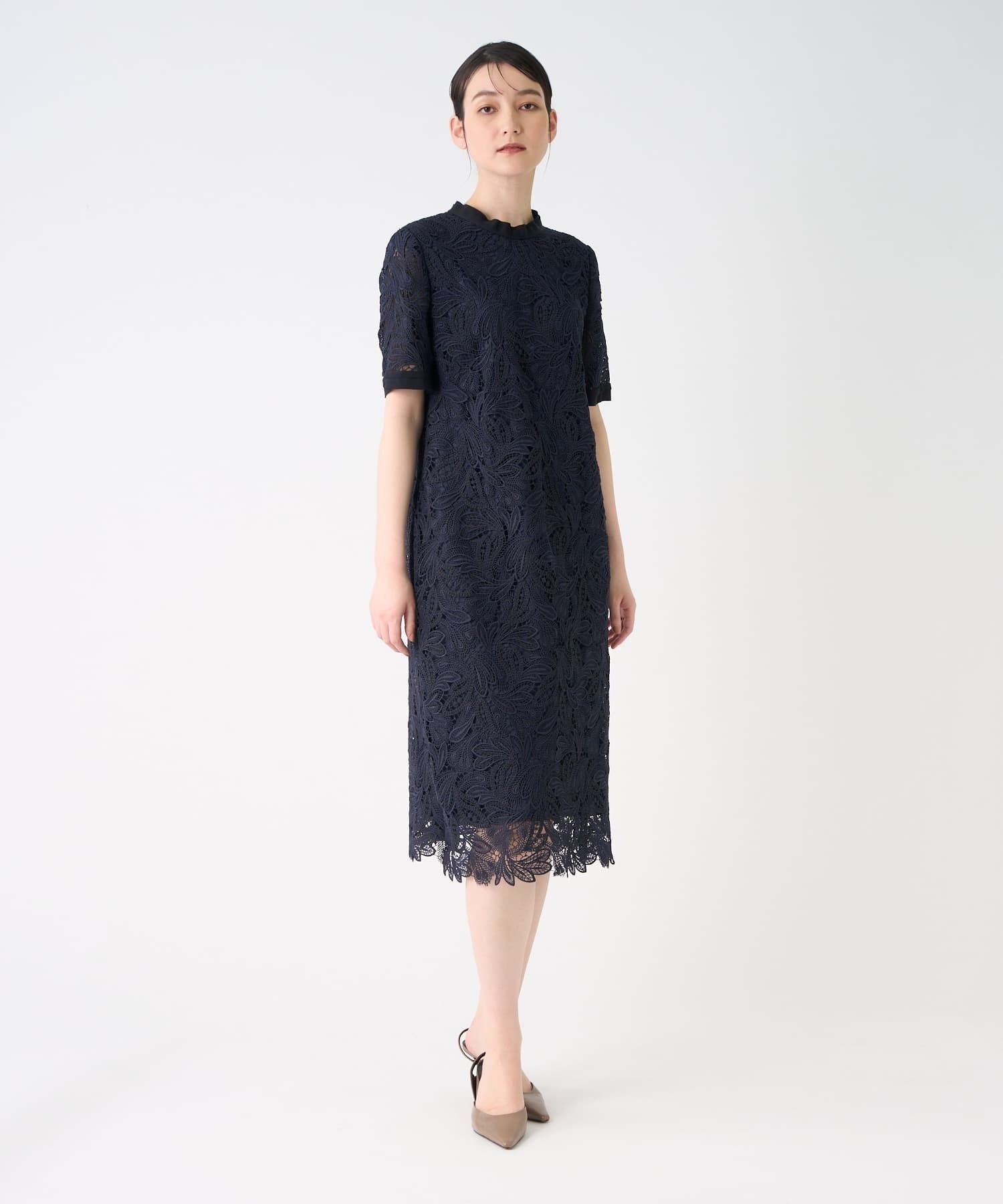【SALE／50%OFF】LANVIN COLLECTION エンブロイダリーフェザーレースワンピース ランバン コレクション ワンピース・ドレス ワンピース グレー ネイビー【送料無料】