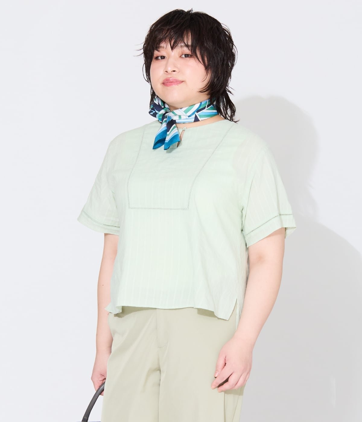 NEWYORKER WOMEN L-SIZE 【L】コットンレーヨンカラミストライプ ヨーク切替えTブラウス ニューヨーカー エルサイズ トップス シャツ・ブラウス ホワイト