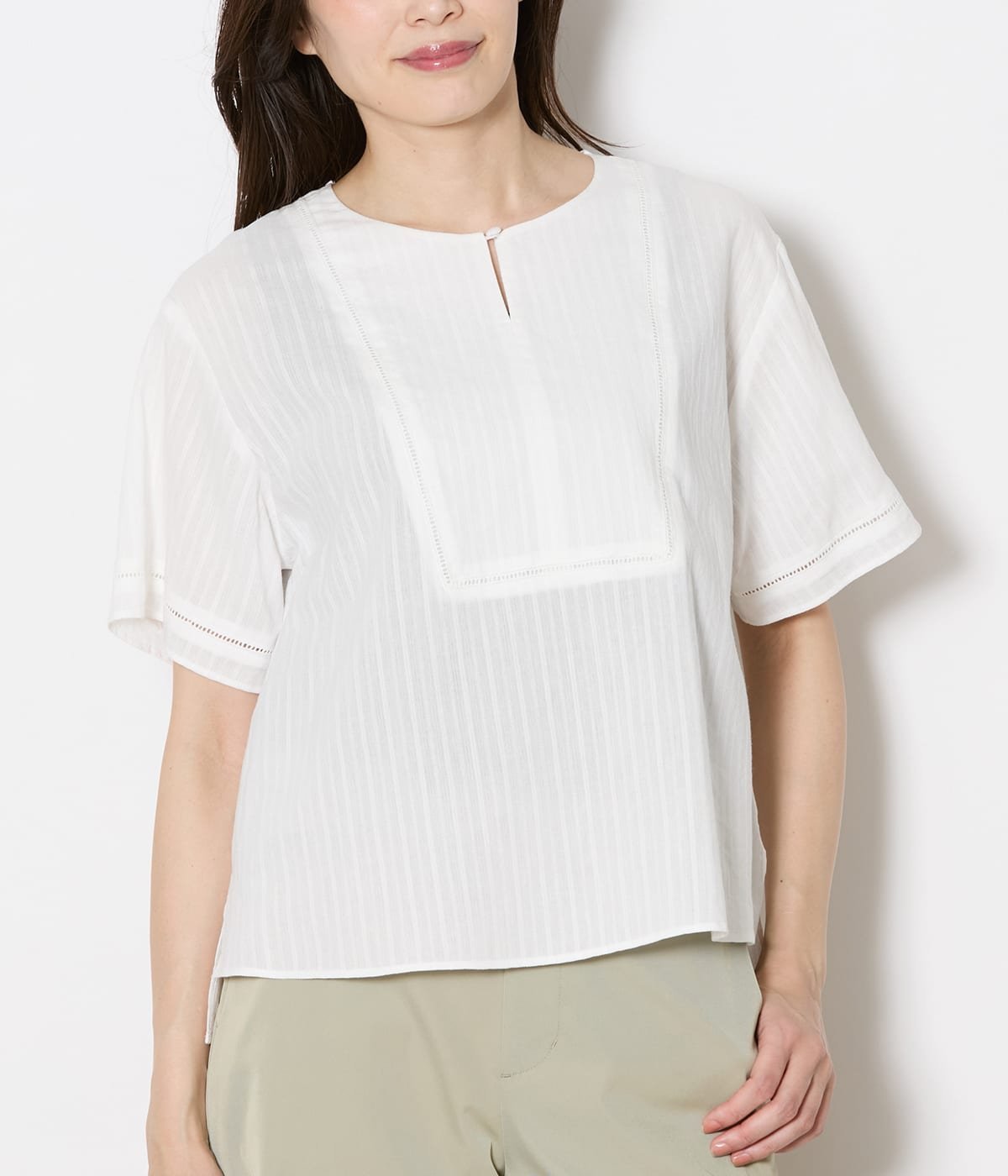 NEWYORKER WOMEN L-SIZE 【L】コットンレーヨンカラミストライプ ヨーク切替えTブラウス ニューヨーカー エルサイズ トップス シャツ・ブラウス ホワイト