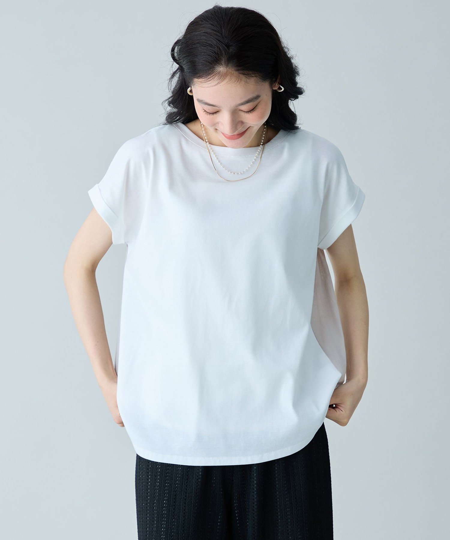ANY 前後2WAY異素材コンビカットソー エニィ トップス カットソー・Tシャツ ブラウン ブルー ホワイト ブラック