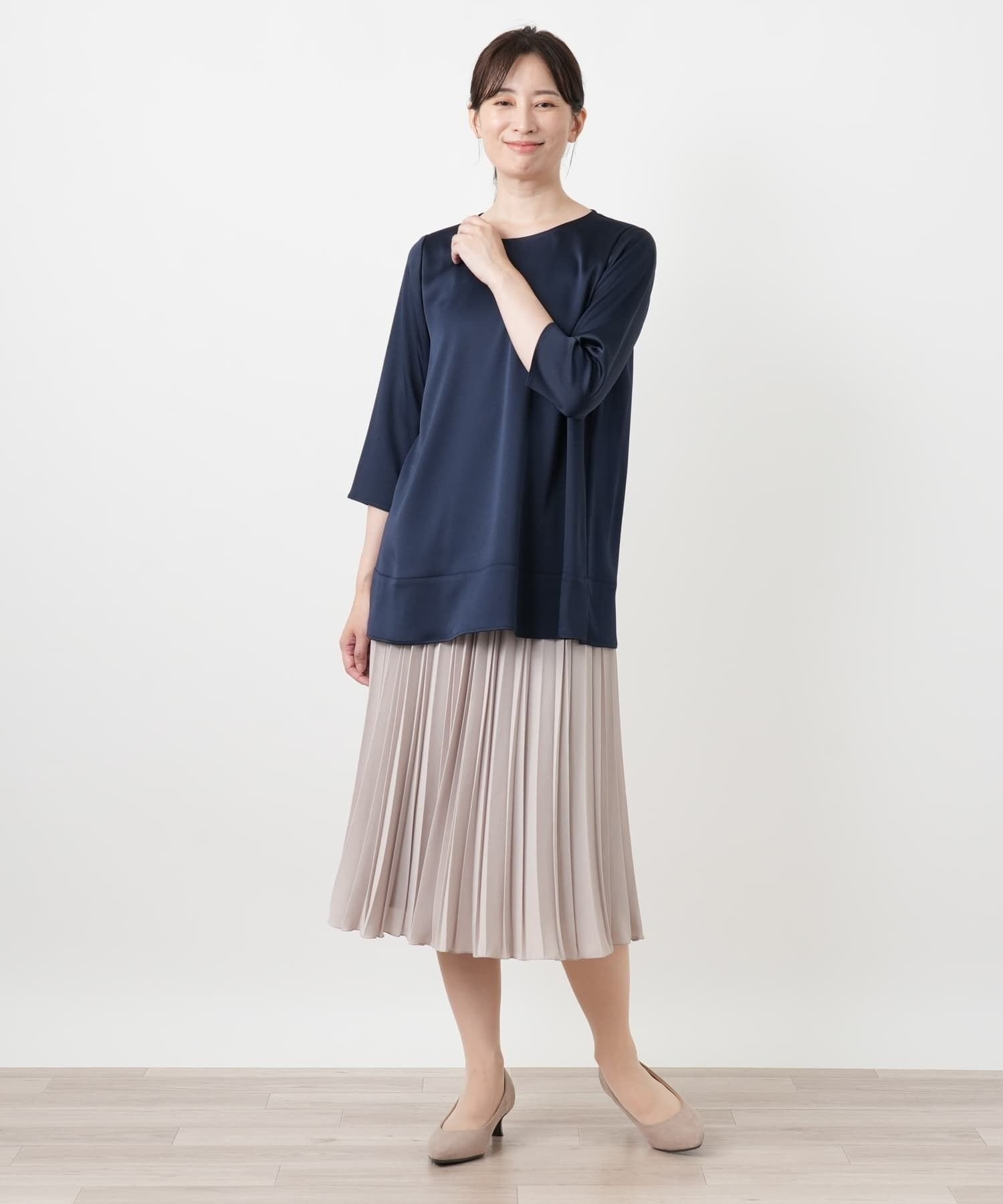 Leilian 七分袖フレアブラウス【Leilian WHITE LABEL】 レリアン トップス シャツ・ブラウス ブラウン ネイビー