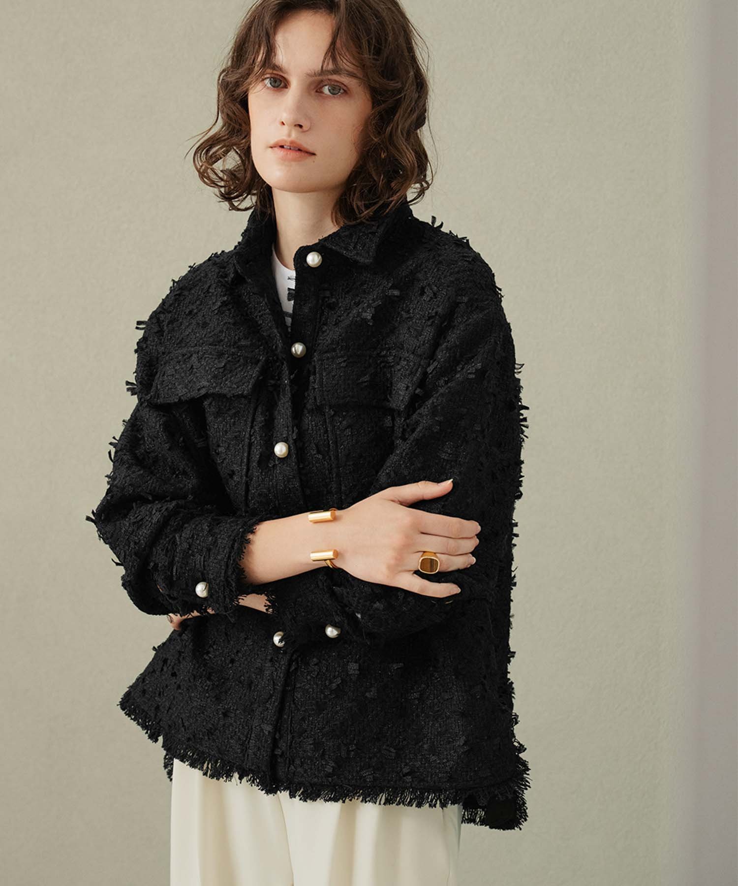 【2026AW】【M~Lサイズ展開】リボンツイードシャツジャケット リバーフィールド アンド コー ジャケット・アウター テーラードジャケット・ブレザー ブラック