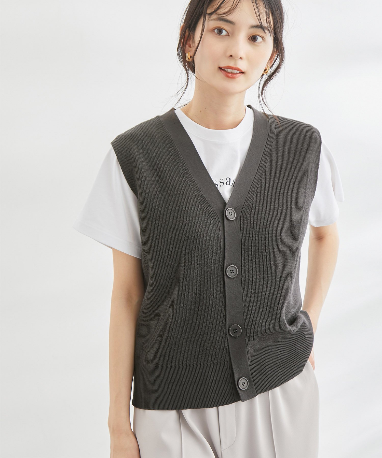 【SALE／11%OFF】ROPE' PICNIC スリーブレスカーディガン ベスト ロペピクニック トップス ベスト・ジレ ホワイト ブルー グレー【送料無料】