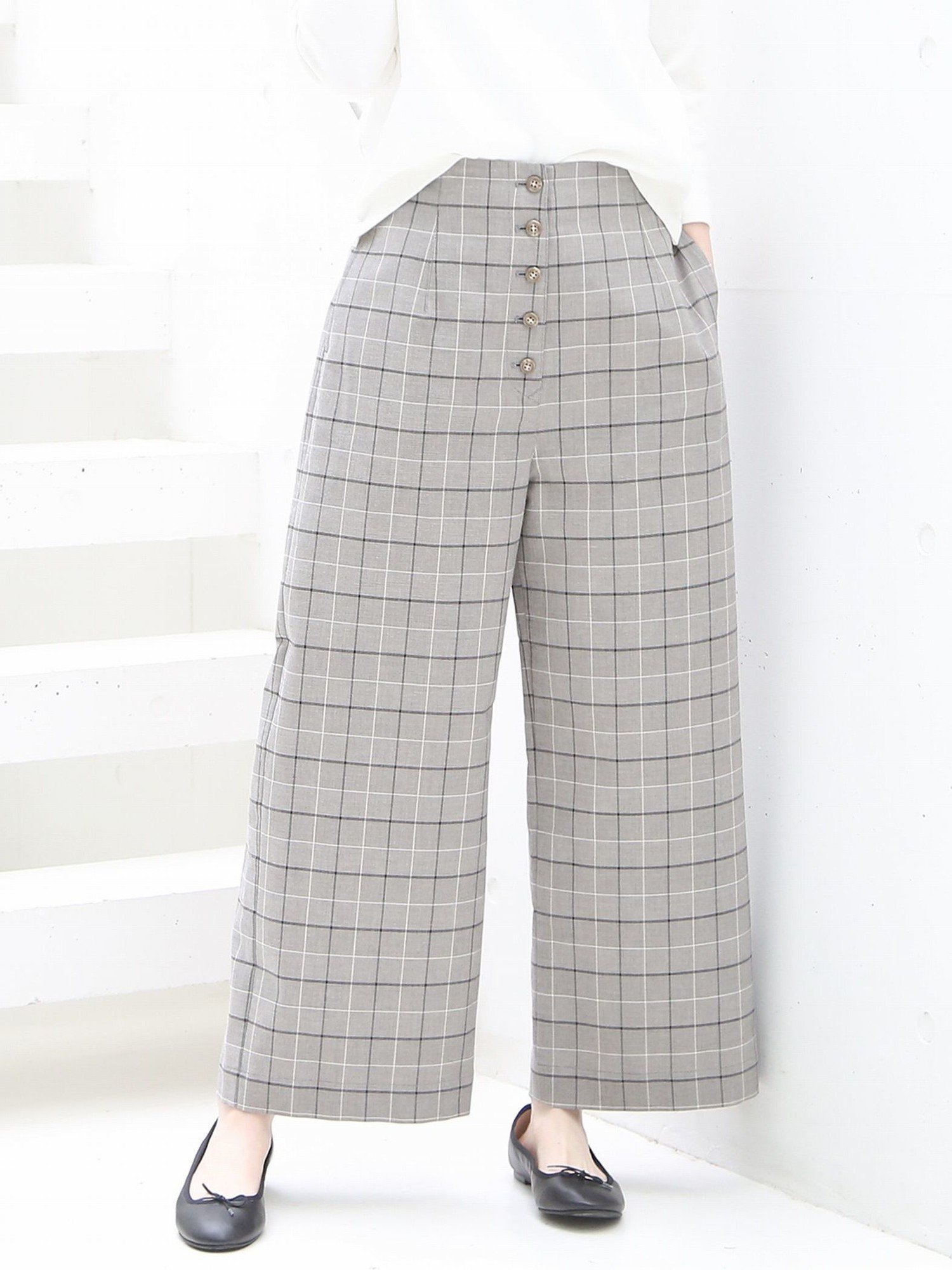 【SALE／50%OFF】coen チェックフロントボタン8分丈パンツ コーエン パンツ その他のパンツ ブラック ブラウンのサムネイル