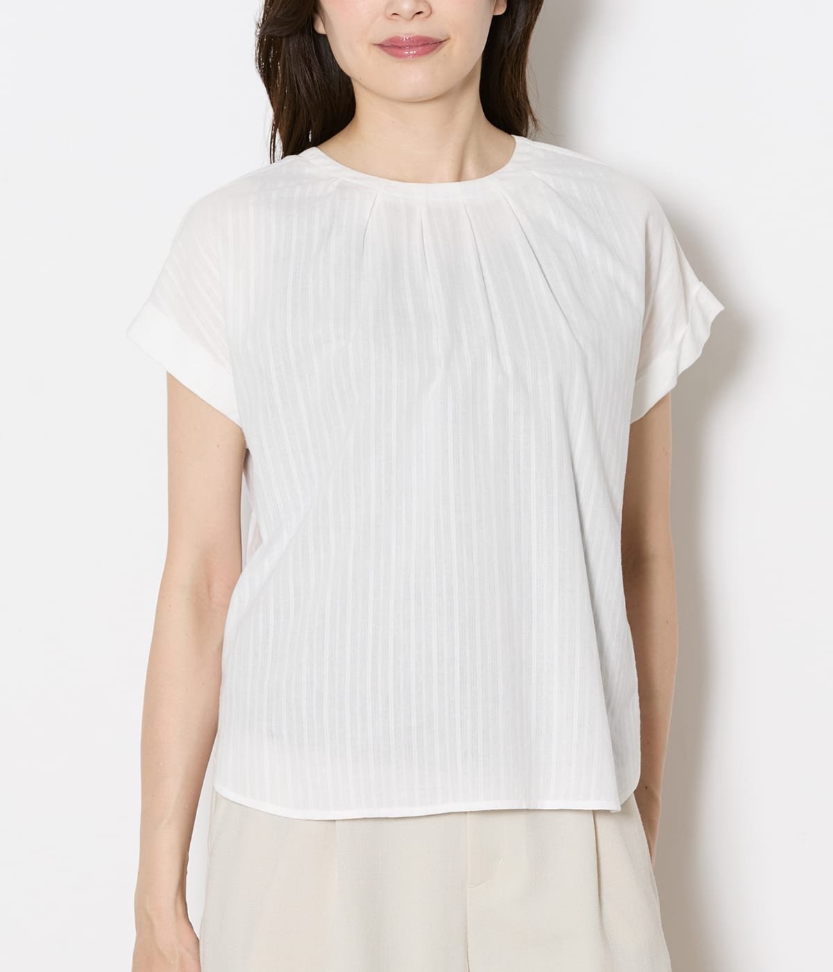 NEWYORKER WOMEN L-SIZE 【L】コットンレーヨンカラミストライプ 2WAYブラウス ニューヨーカー エルサイズ トップス シャツ・ブラウス ホワイト