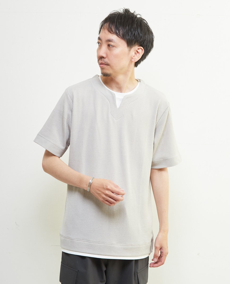 MEN'S MELROSE リンクスストライプキーネックフェイクレイヤードTシャツ メンズメルローズ トップス カットソー・Tシャツ グレー ネイビー