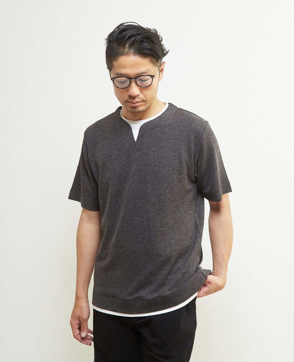 MEN'S MELROSE リンクスストライプキーネックフェイクレイヤードTシャツ メンズメルローズ トップス カットソー・Tシャツ グレー ネイビー