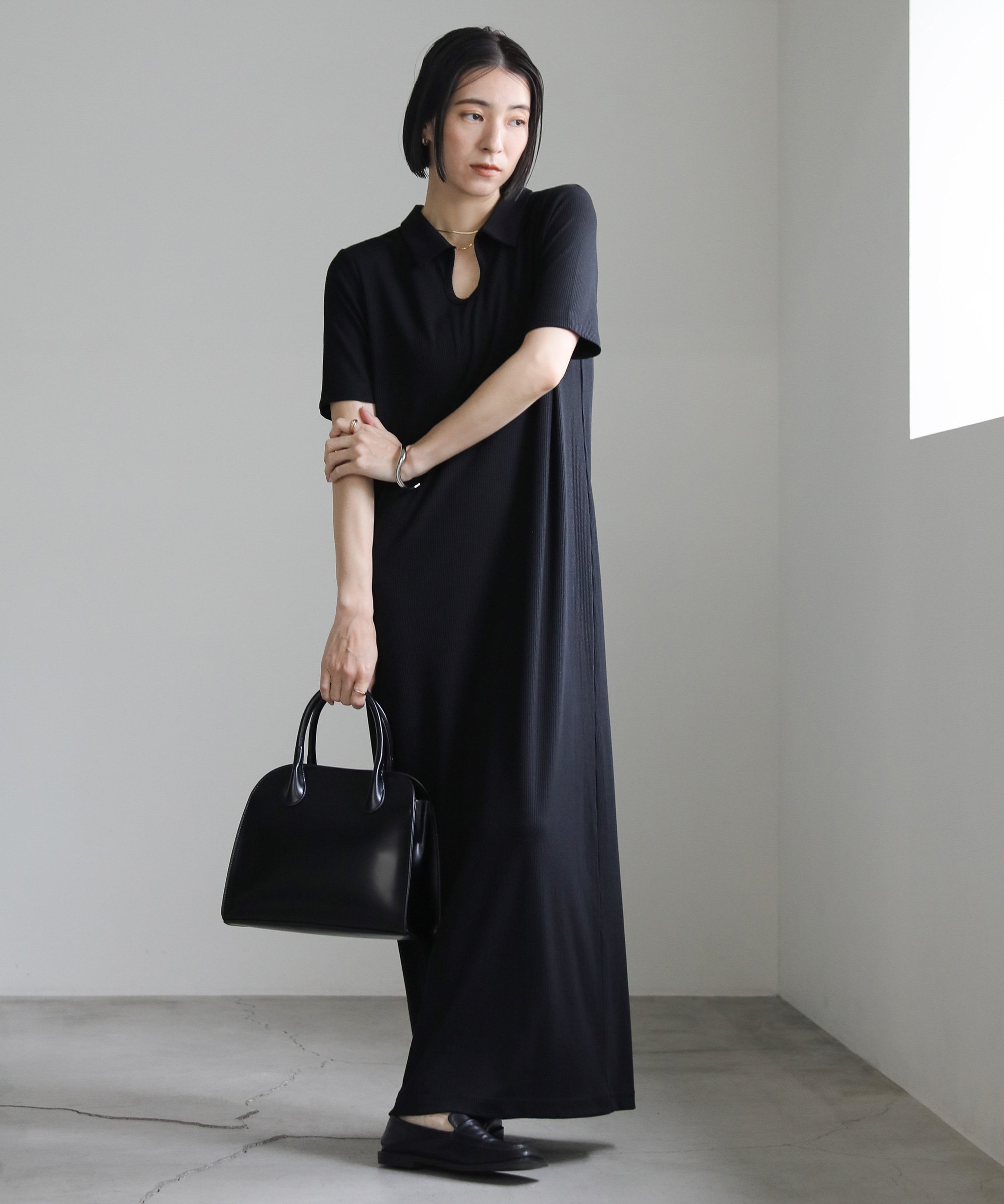 【SALE／34%OFF】SELECT MOCA 【サイズ展開あり】テレコロングポロワンピース セレクトモカ ワンピース・ドレス ワンピース ブラックのサムネイル