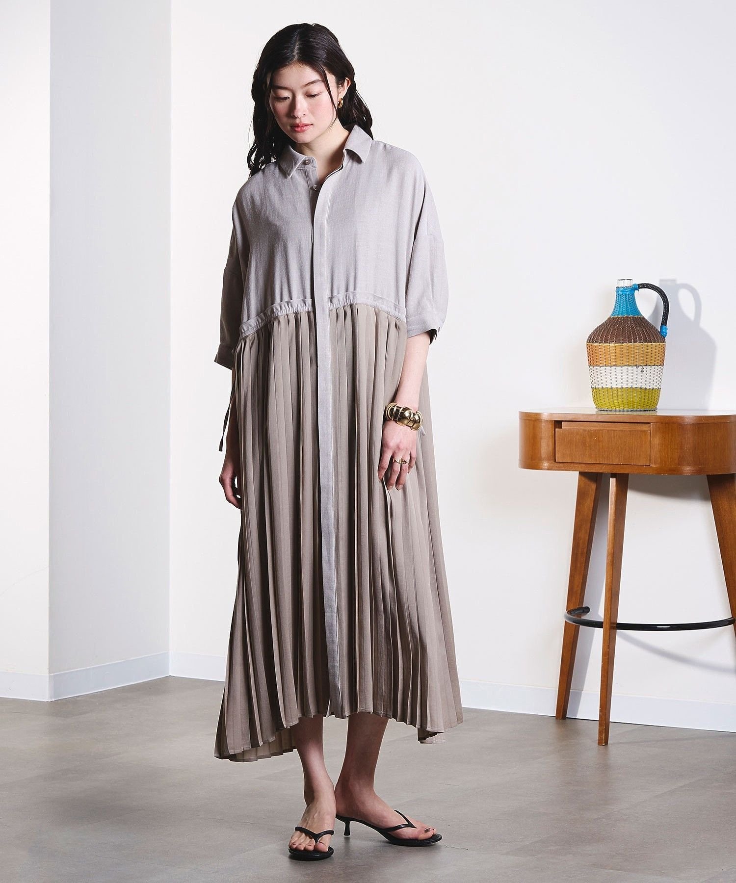 ROSE BUD PLEATED SKIRT MIX FABRIC S/S SHIRT DRESS ローズバッド ワンピース・ドレス ワンピース ブラック