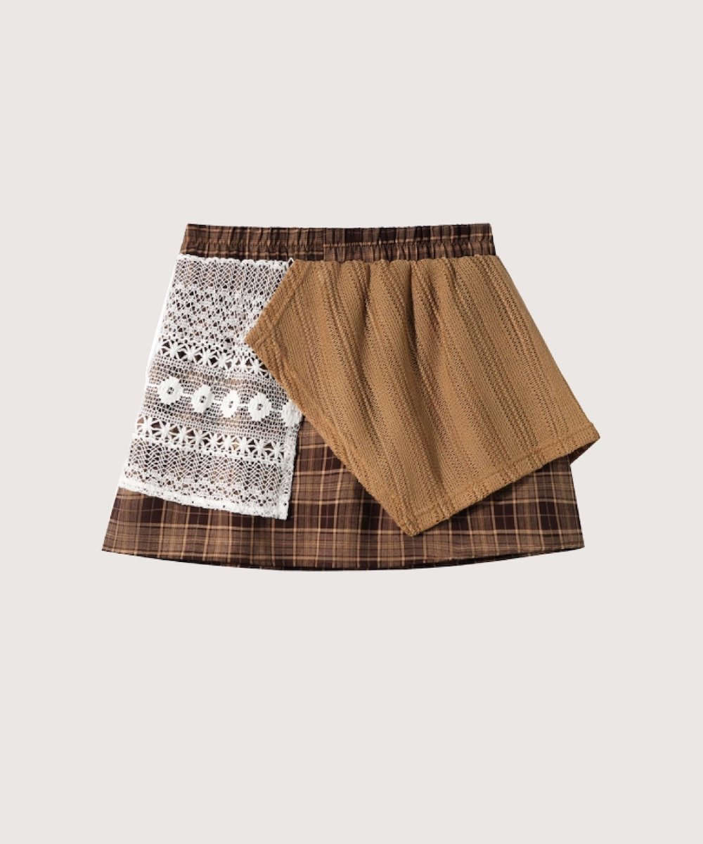 LA POMME petit Lace Docking Check Skirt ラポミ・プチ スカート ミニスカート ブラウン