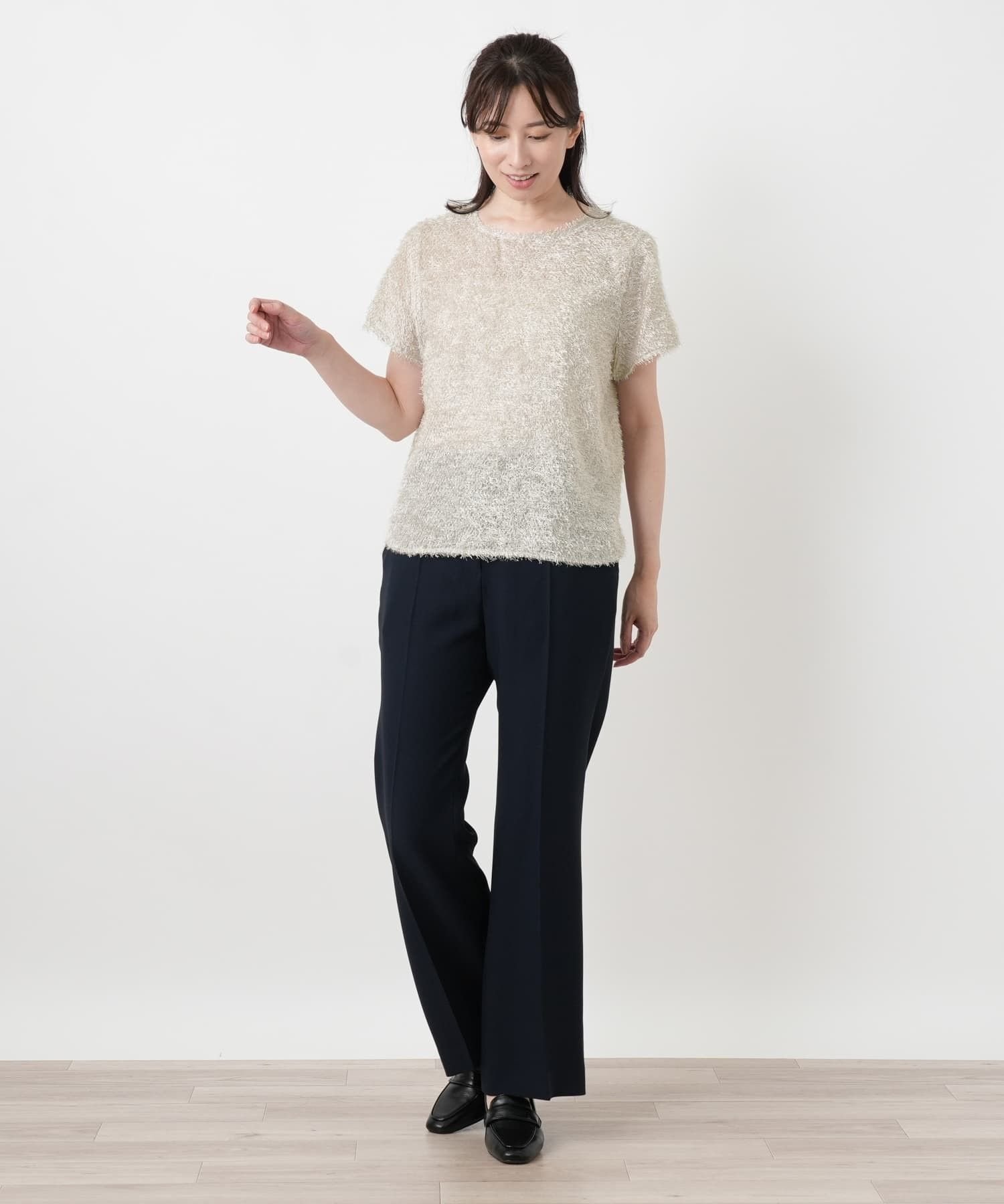 Leilian シャギーブラウス【Leilian WHITE LABEL】 レリアン トップス シャツ・ブラウス ネイビー ホワイト