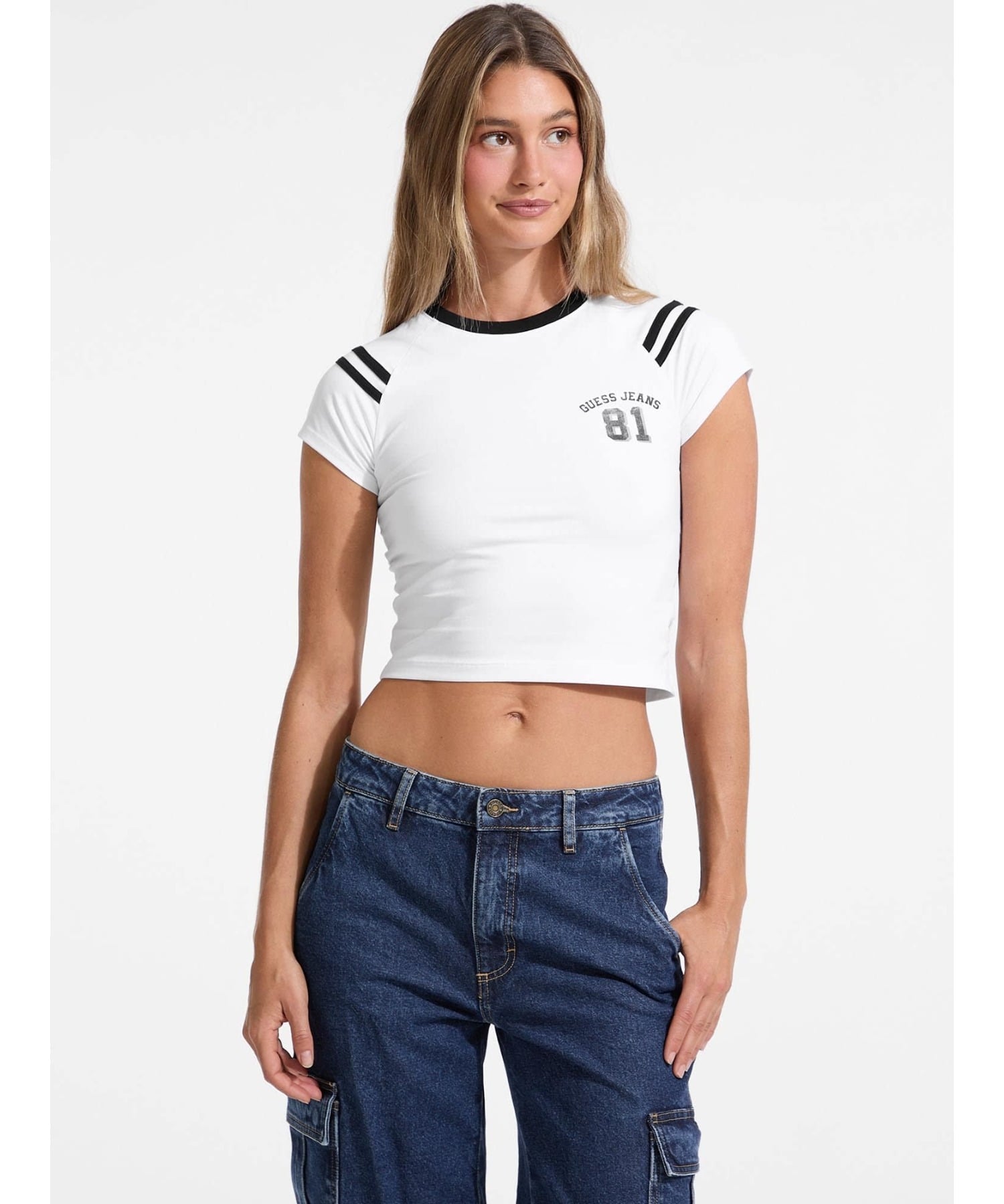 GUESS JEANS 半袖 Tシャツ レディース(W)Eco Raglan 81 Tee ゲス トップス カットソー・Tシャツ ホワイト ブルー
