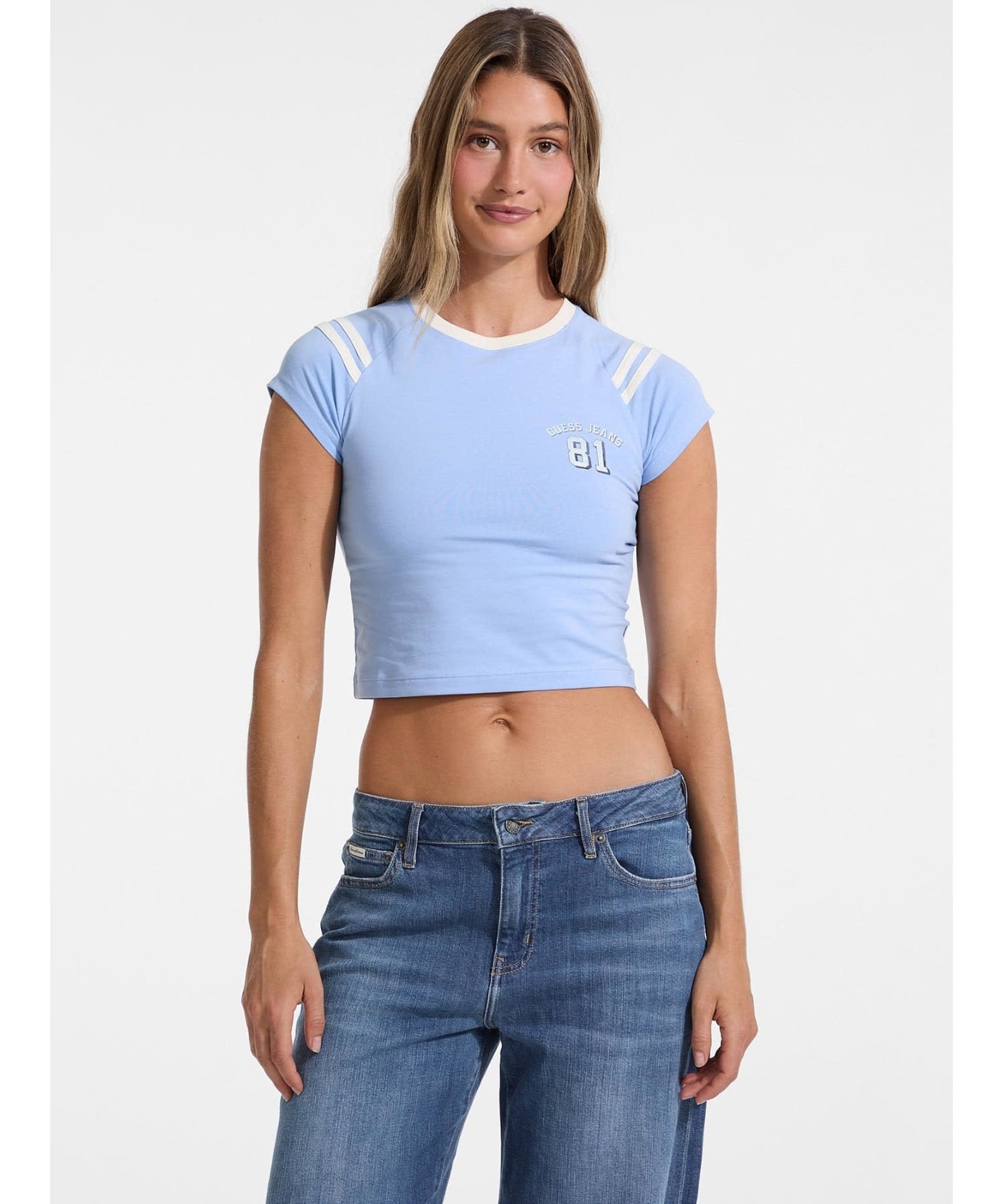 GUESS JEANS 半袖 Tシャツ レディース(W)Eco Raglan 81 Tee ゲス トップス カットソー・Tシャツ ホワイト ブルー