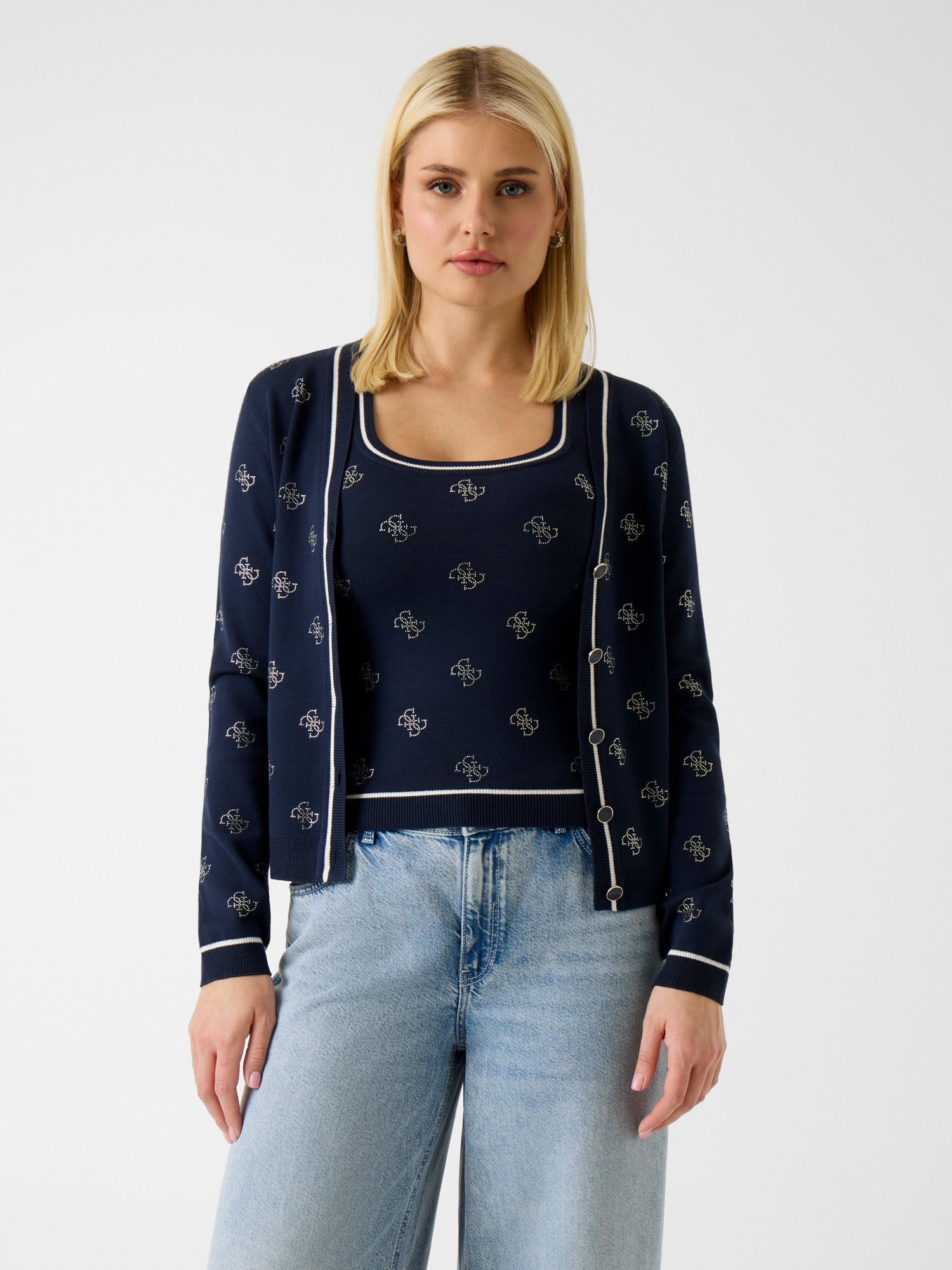 GUESS/(W)4G Rhinestones Cardigan カーディガン ゲス トップス カーディガン ホワイト ネイビー