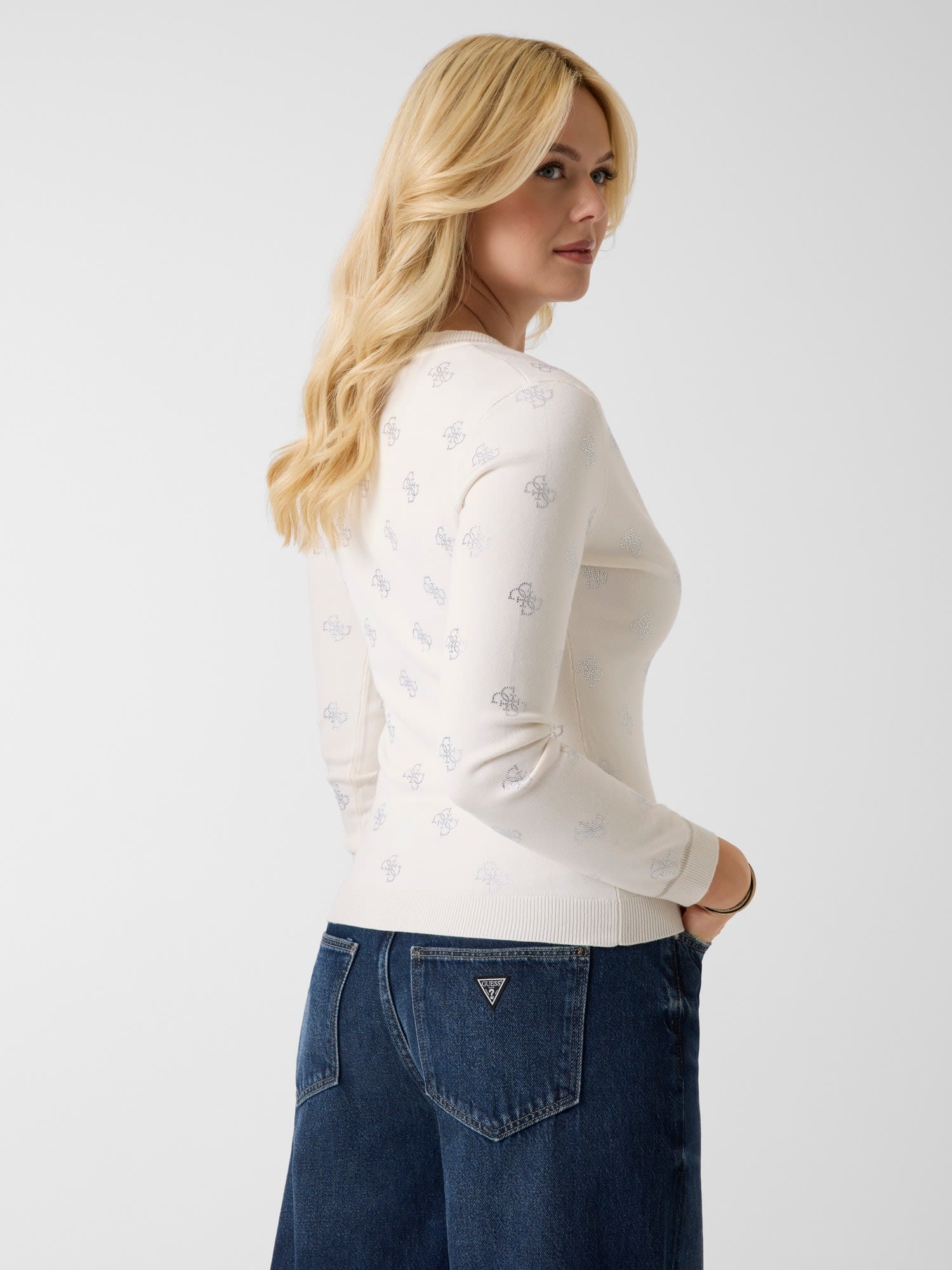 GUESS/(W)4G Rhinestones Cardigan カーディガン ゲス トップス カーディガン ホワイト ネイビー