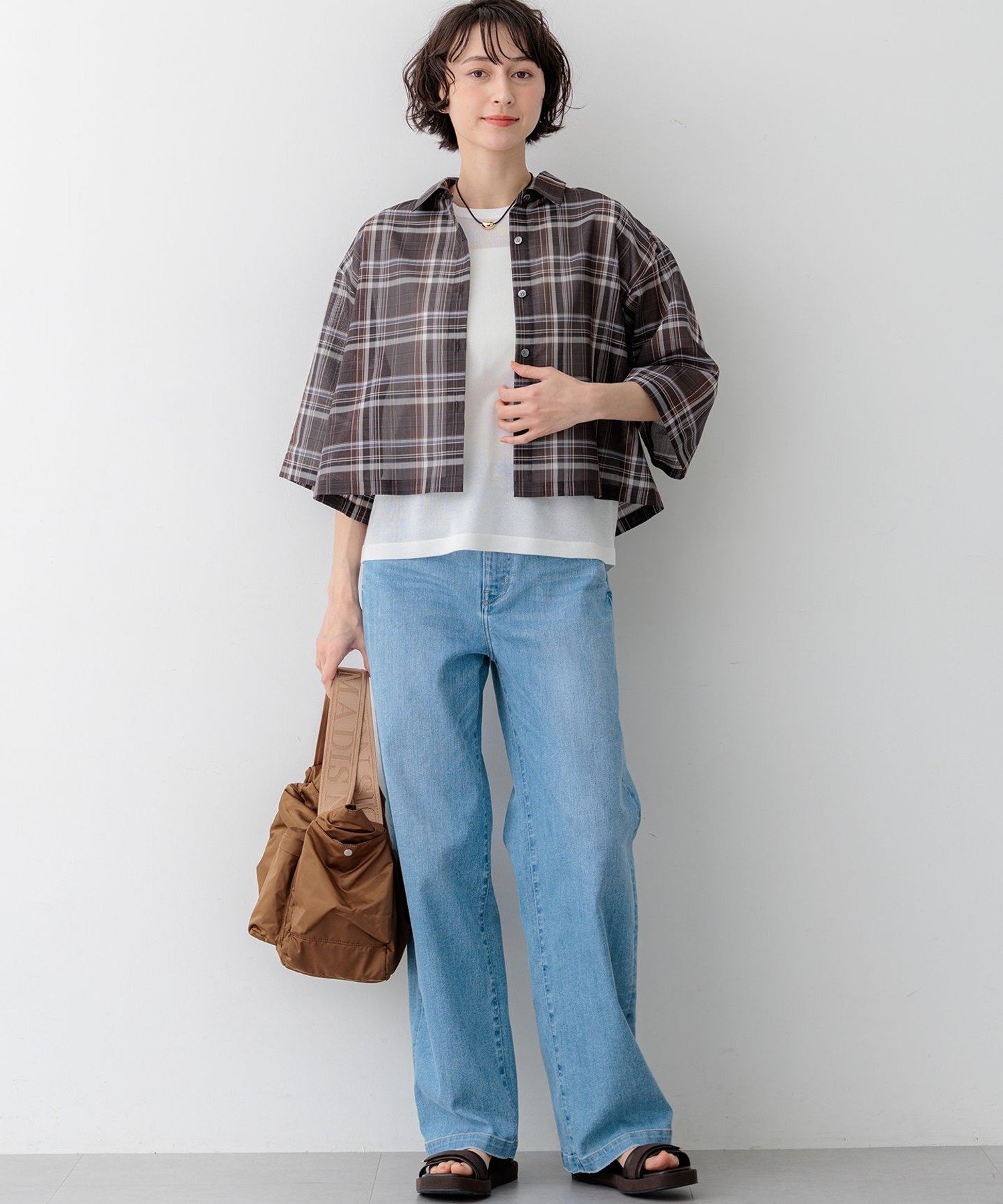 23区 L 【見上愛さん着用】ハイツイストシアーチェック クロップド シャツ ニジュウサンク トップス シャツ・ブラウス グレー