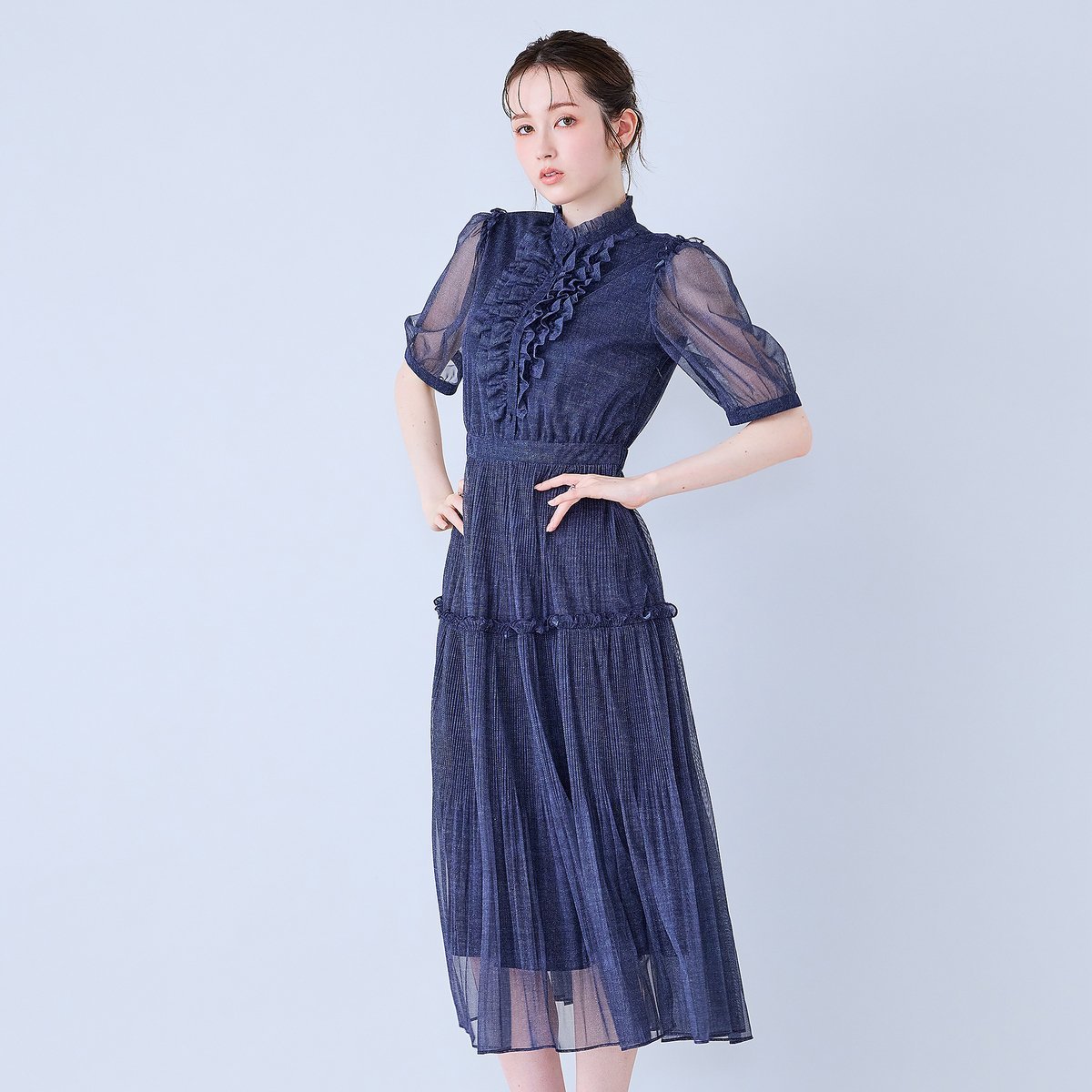 Audie a Muses チェック・デニムプリントフロントタックフリルワンピース ローズティアラ ワンピース・ドレス ワンピース ネイビー ベージュ【送料無料】