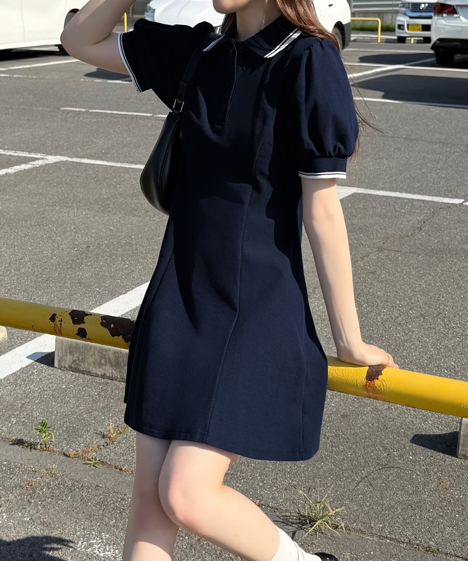 JUNOAH 配色パフスリーブミニポロワンピース ジュノア ワンピース・ドレス ワンピース グレー ネイビー ブラック