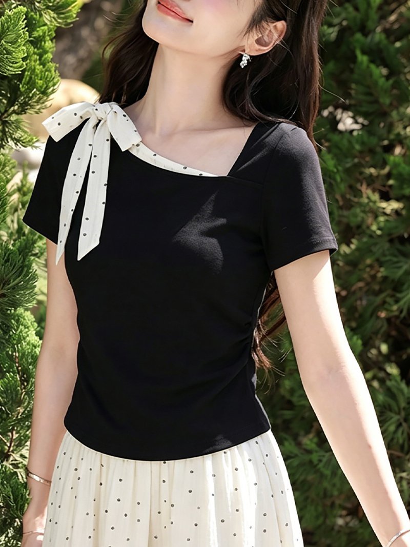 Doux Belle 異素材肩リボン切替カットソー レディース トップス ドゥー・ベル トップス カットソー・Tシャツ ブラック【送料無料】