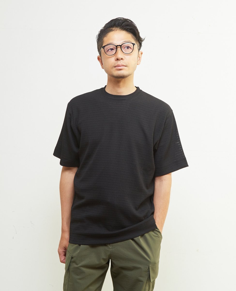 MEN'S MELROSE テクスチャーメッシュクルーネックTシャツ メンズメルローズ トップス カットソー・Tシャツ ブラウン グリーン ブラック